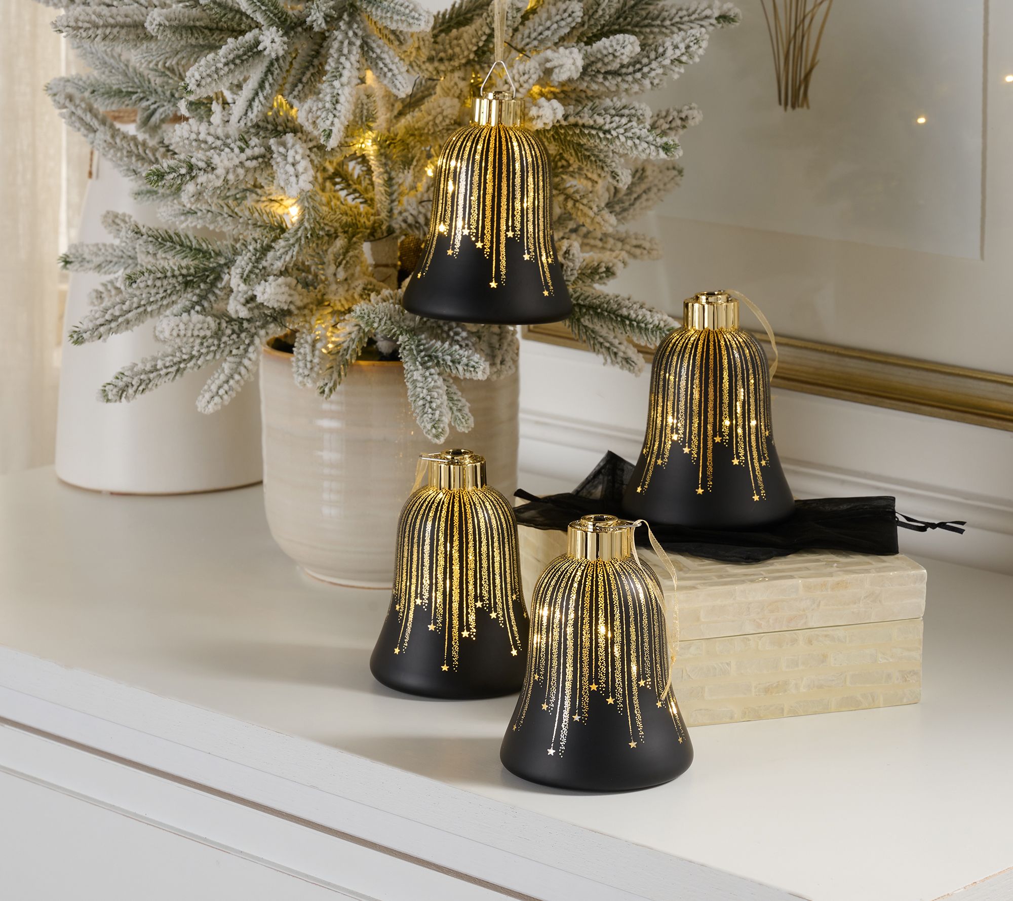 "As Is" Set of 4 Illuminated Starry Night Bell Ornaments by Valerie