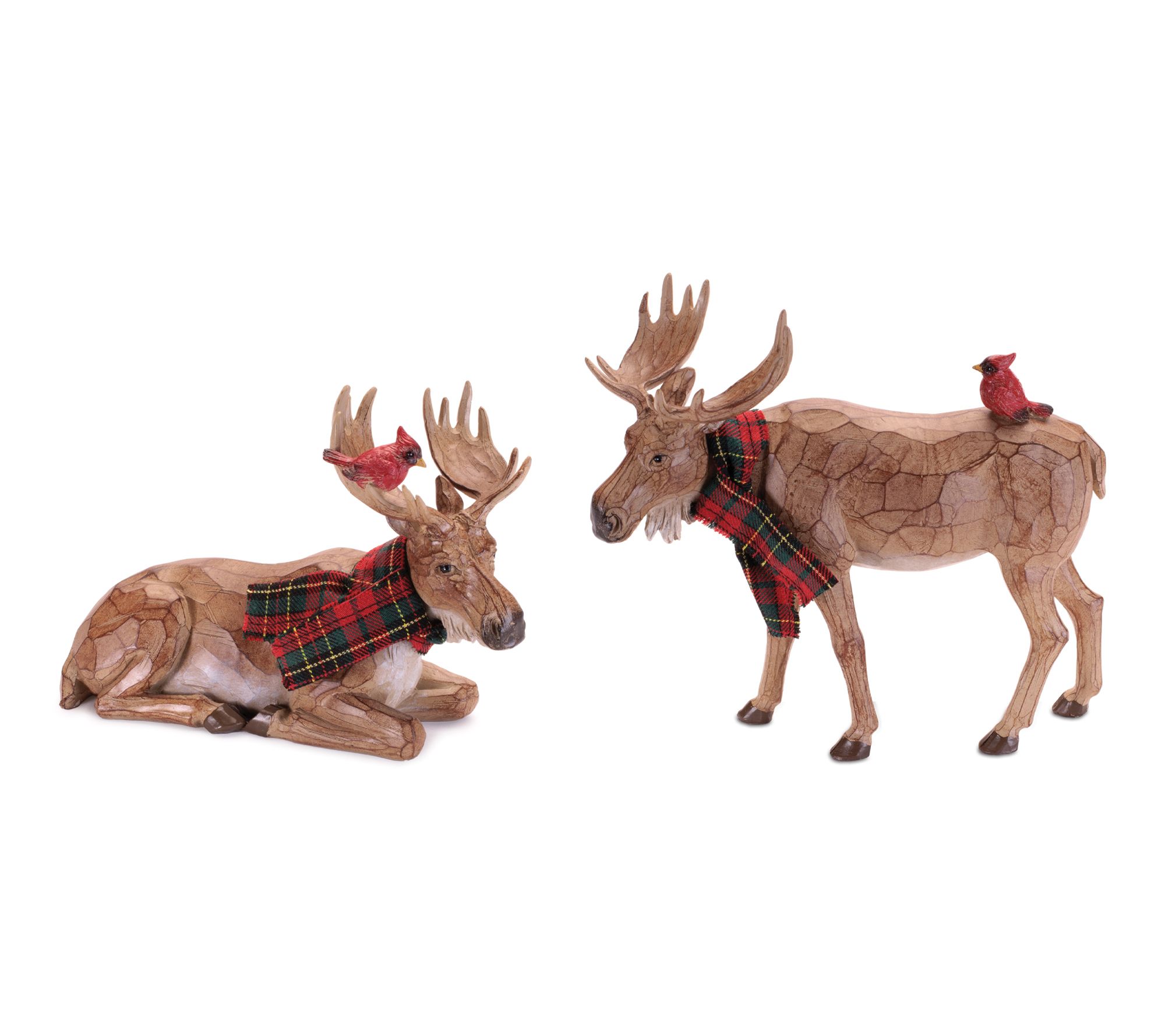 Melrose Carved Moose with Scarf and Cardinal Birds (Set of 2)