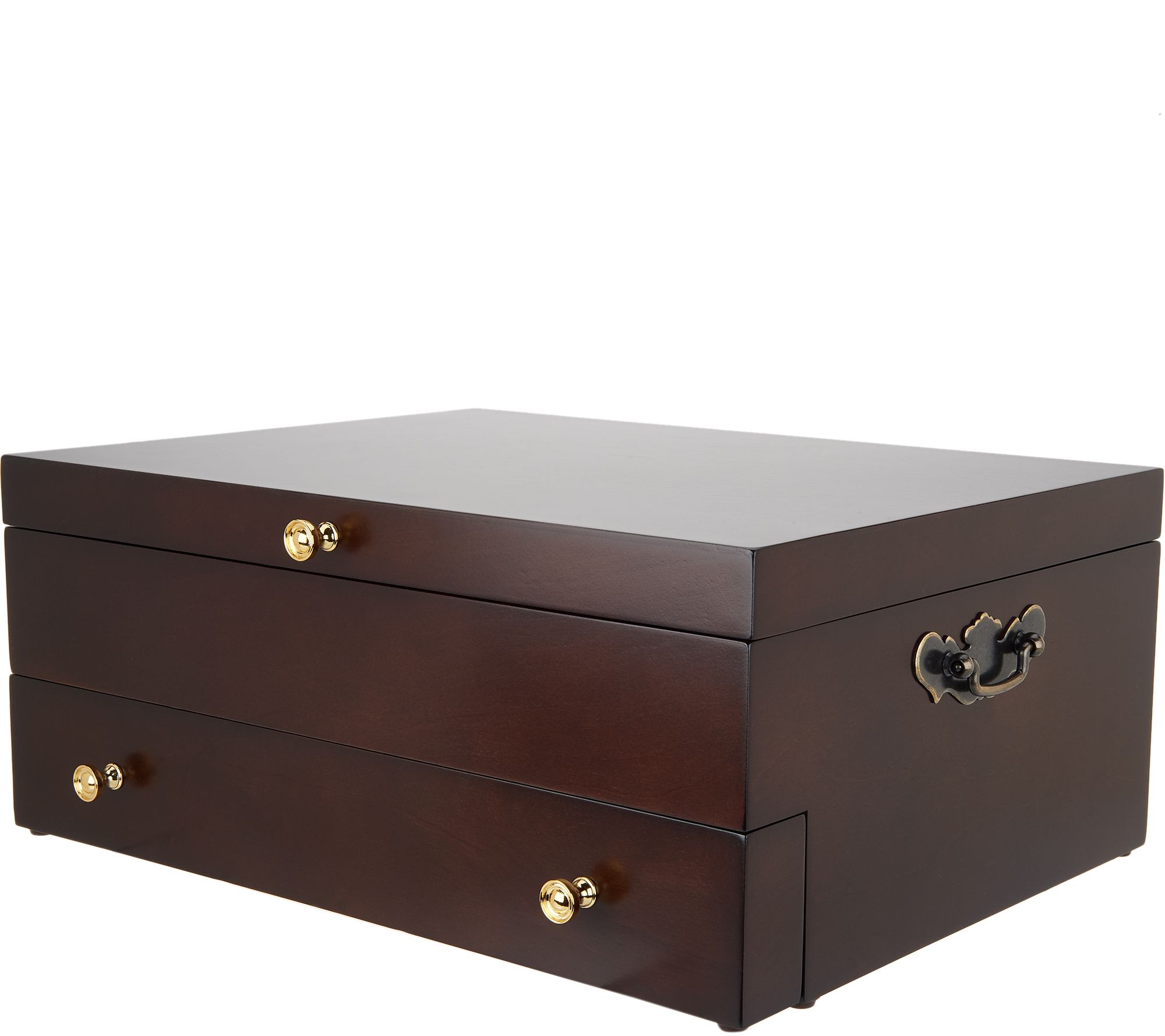 Classic Wood Flatware Chest with Brass Accents & Brown Lining
