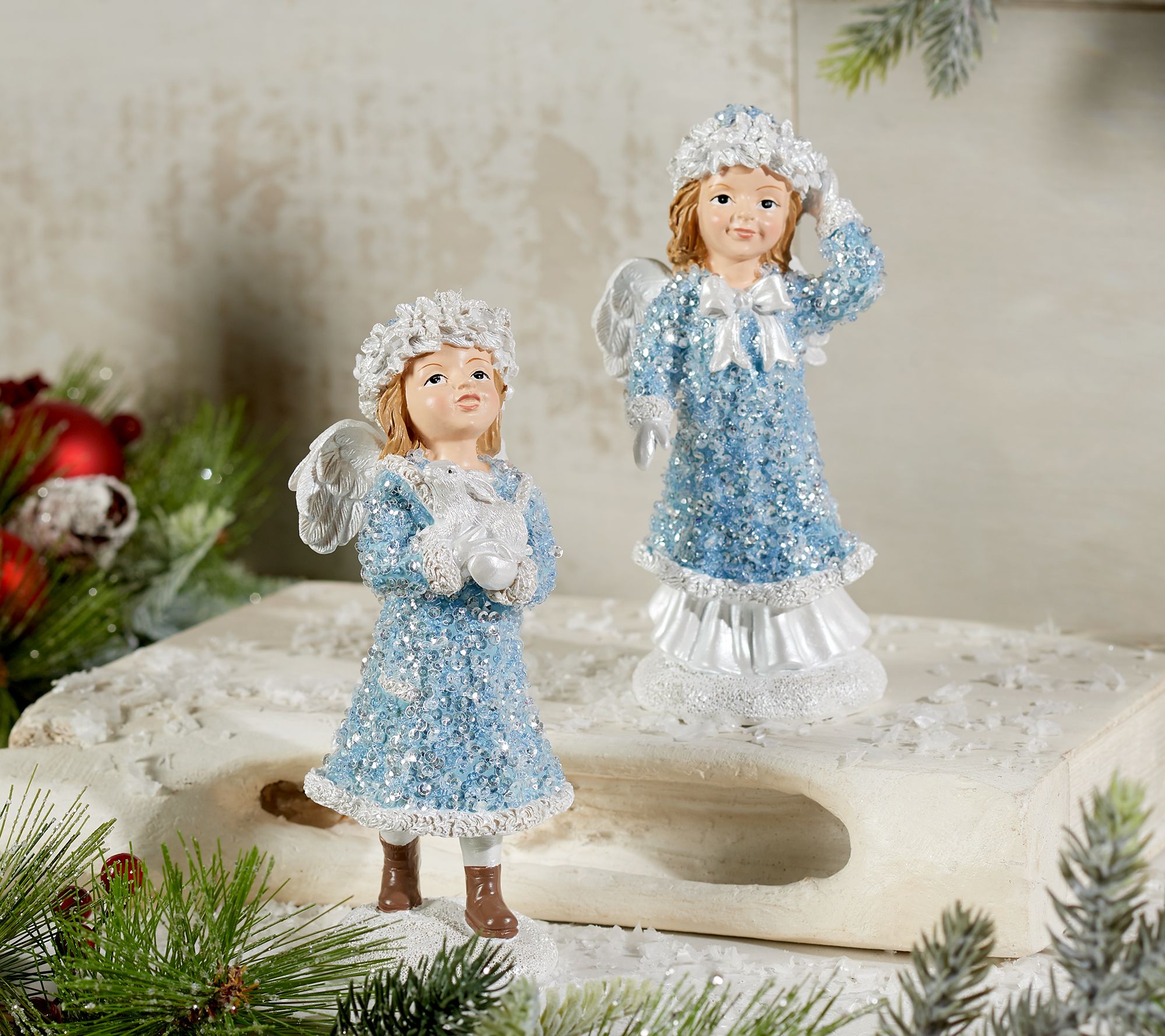 Set of (2) 7" Glistening Winter Angel Figurines by Valerie