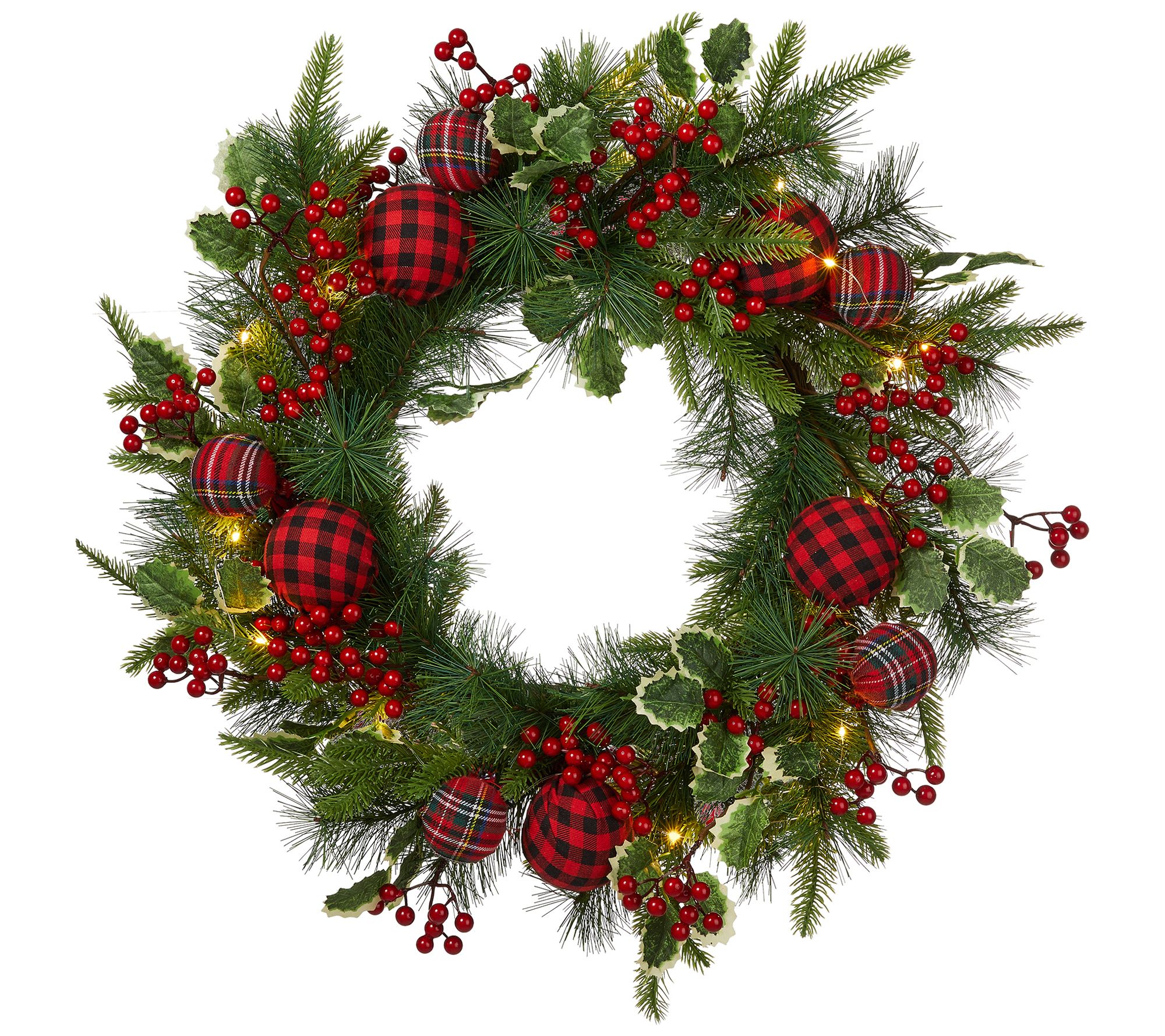 Glitzhome 24" Ornaments Berry Holly and Pine Lighted Wreath