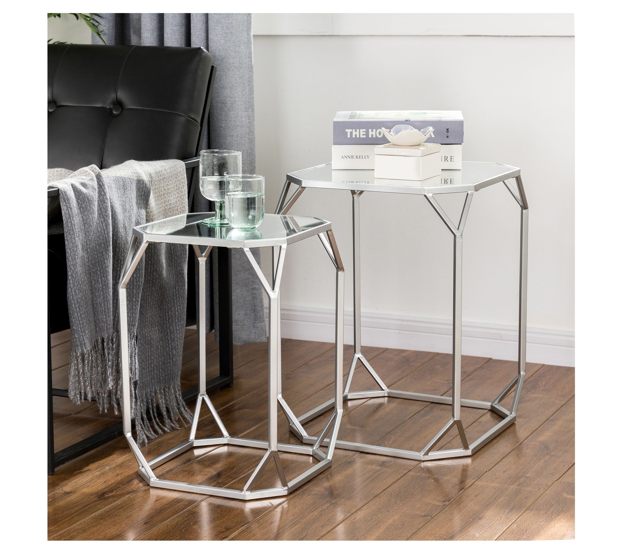 Glitzhome Modern Rectangular Glass Top Accent Tables S/2