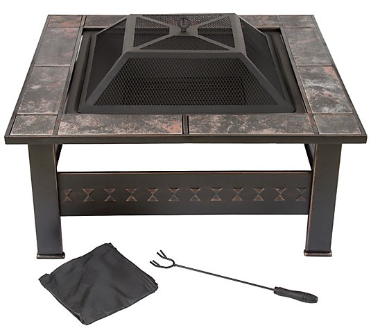 Pure Garden 32" Square Tile Fire Pit with Cover