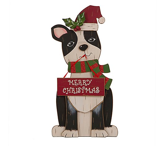Glitzhome Merry Christmas Wooden Puppy Dog PetHoliday Sign
