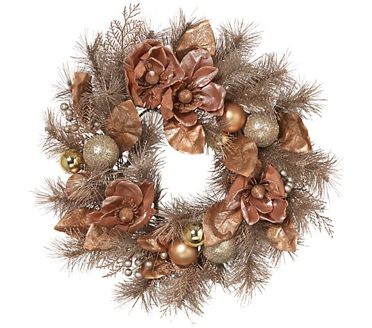 24" Frosted Wreath with Magnolia Leaves by Gerson Co.