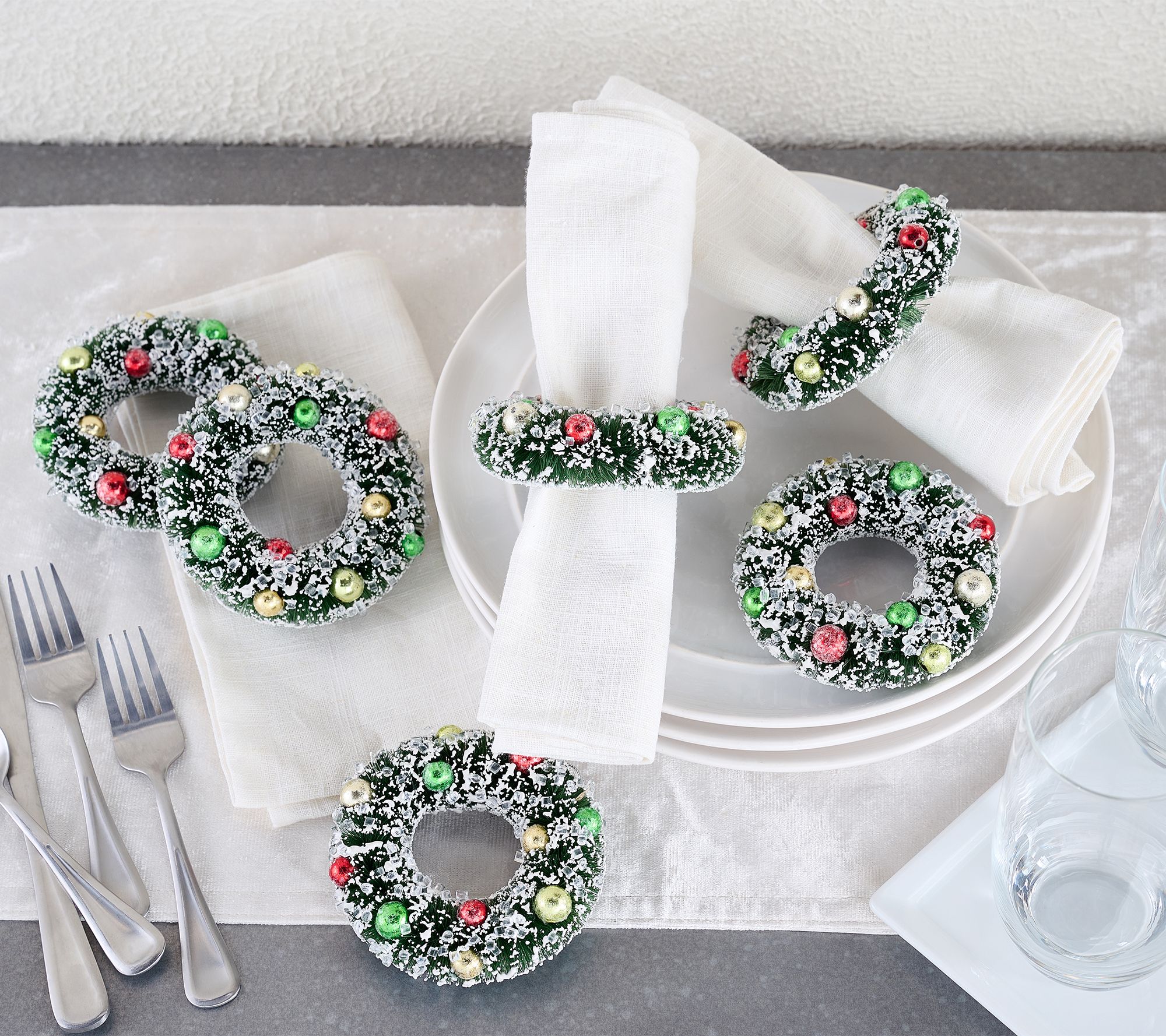 Set of 6 Bottlebrush Napkin Rings with Ornaments by Valerie
