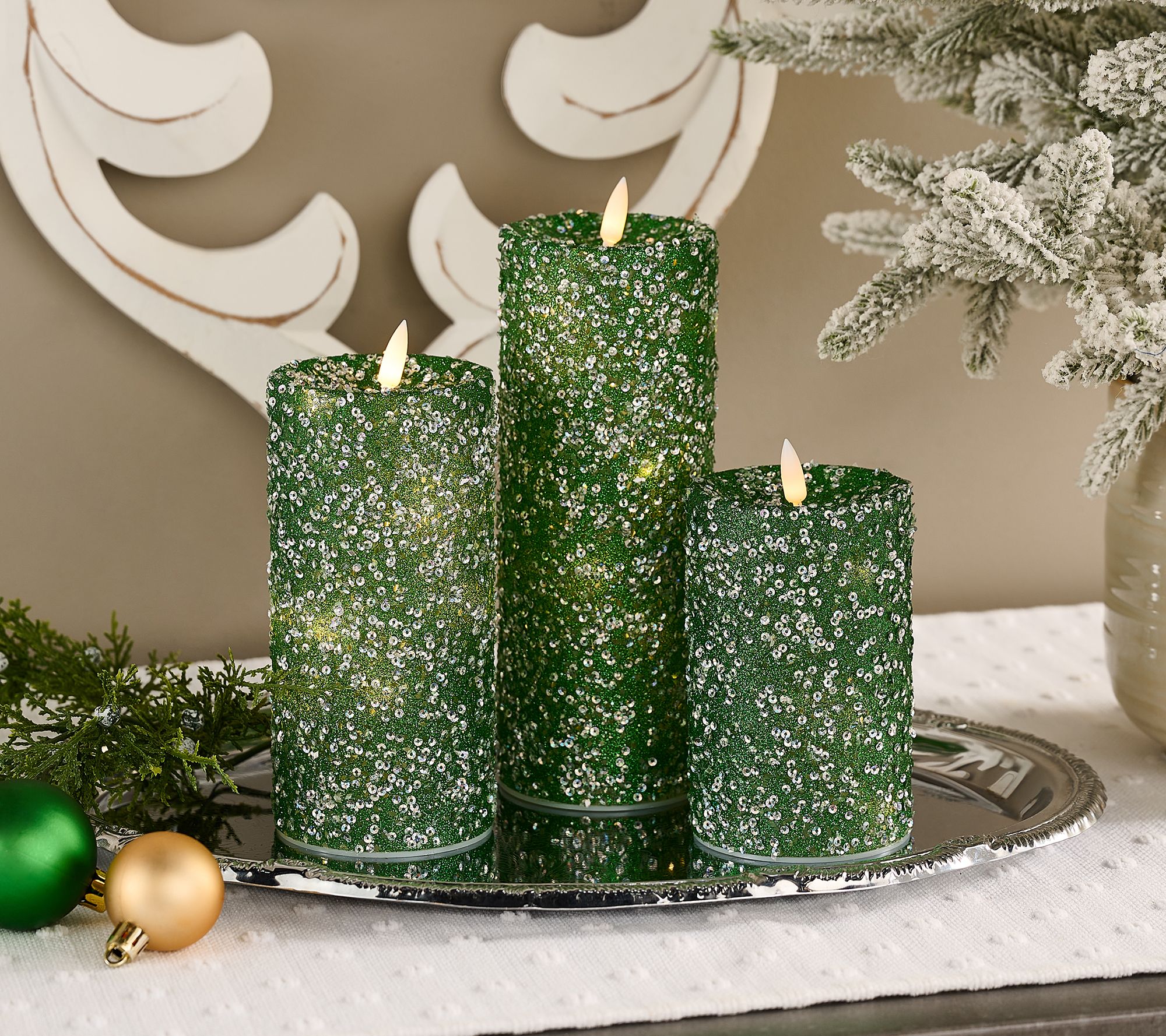 Set of 3 Illuminated Beads & Sequins Pillar Candles by Valerie