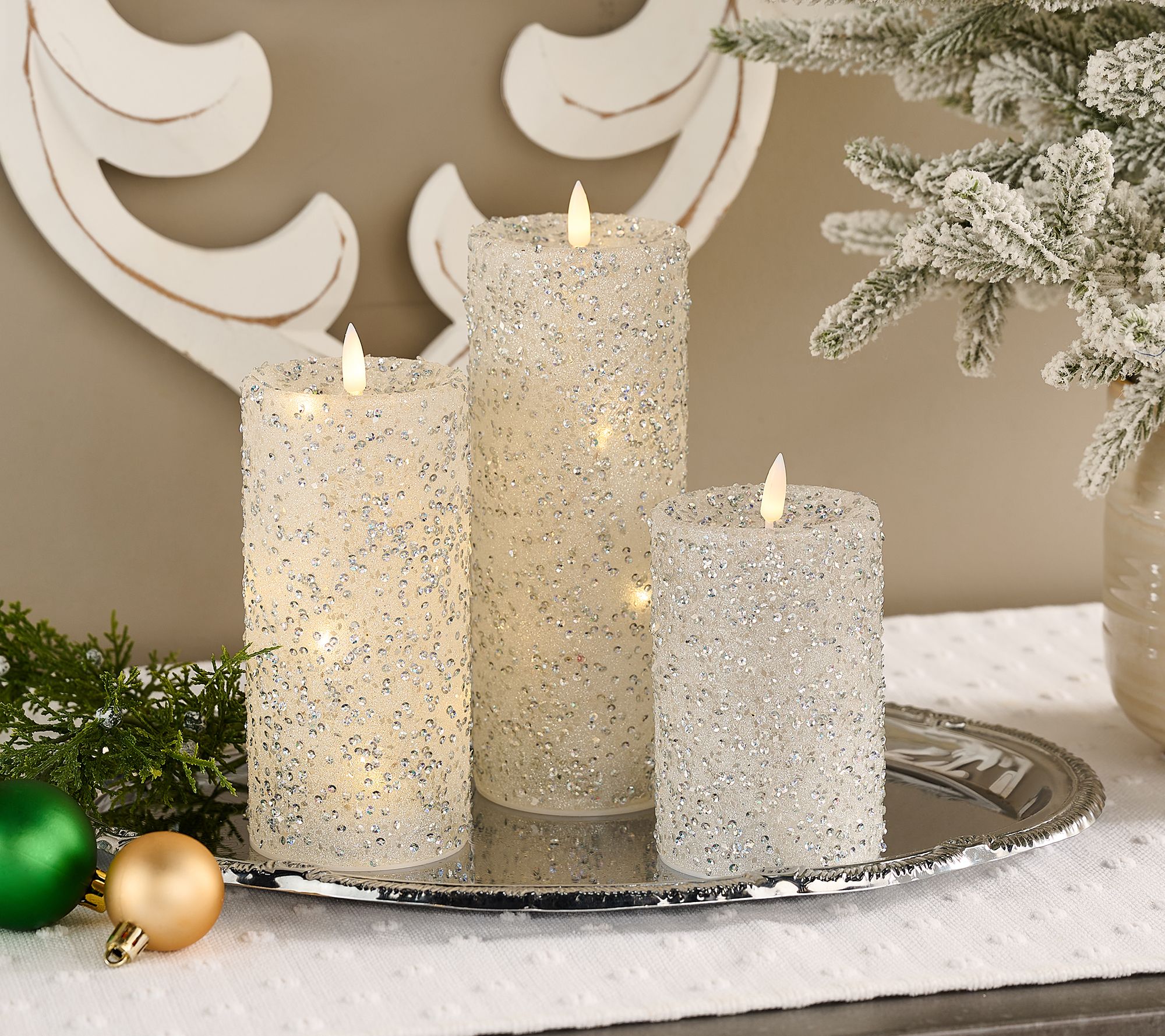 Set of 3 Illuminated Beads & Sequins Pillar Candles by Valerie