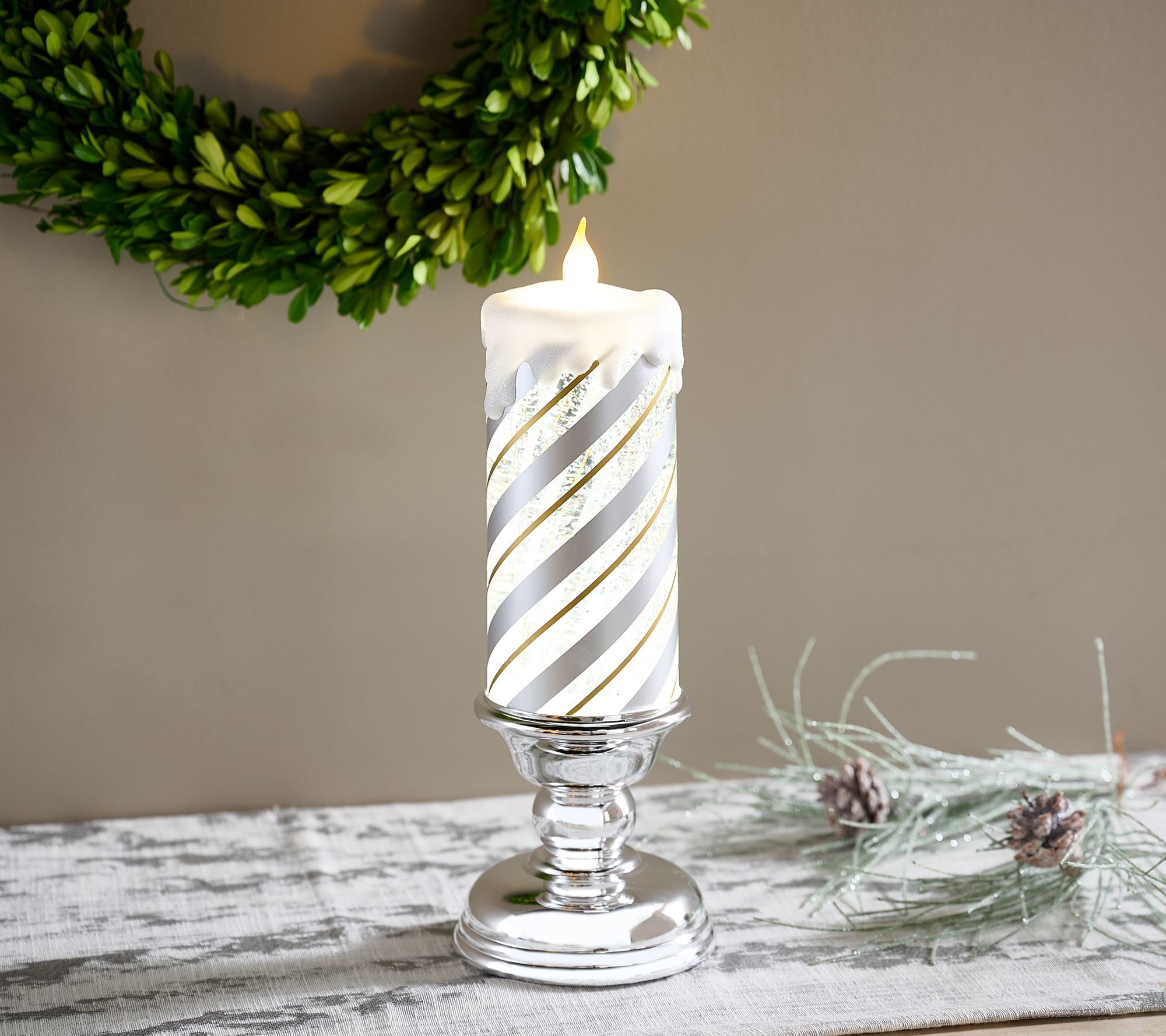 "As Is" 13" Illuminated Peppermint Glitter Candle with Pedestal