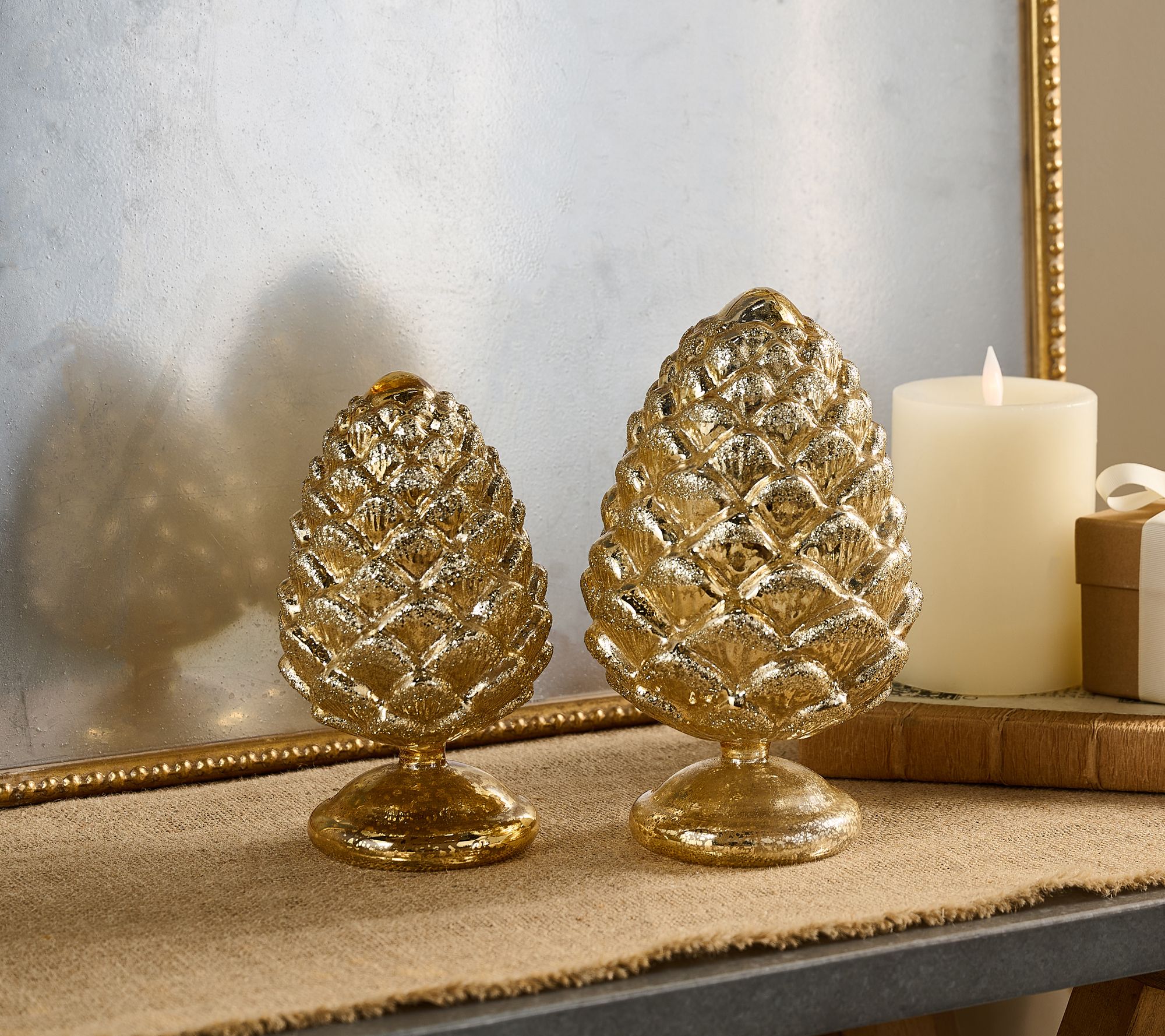 "As Is" Set of 2 Mercury Glass Pinecones on Pedestals by Valerie