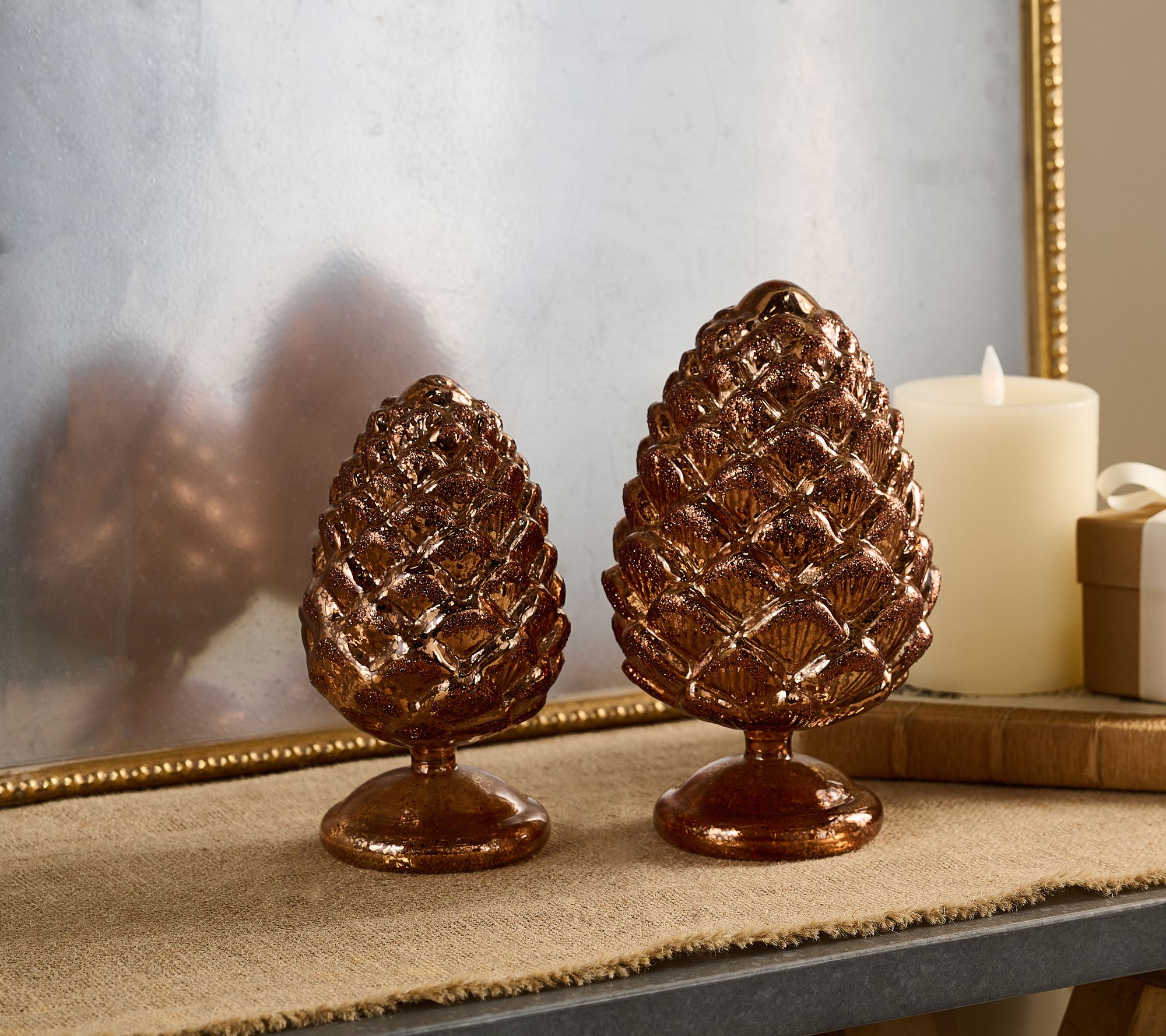 "As Is" Set of 2 Mercury Glass Pinecones on Pedestals by Valerie