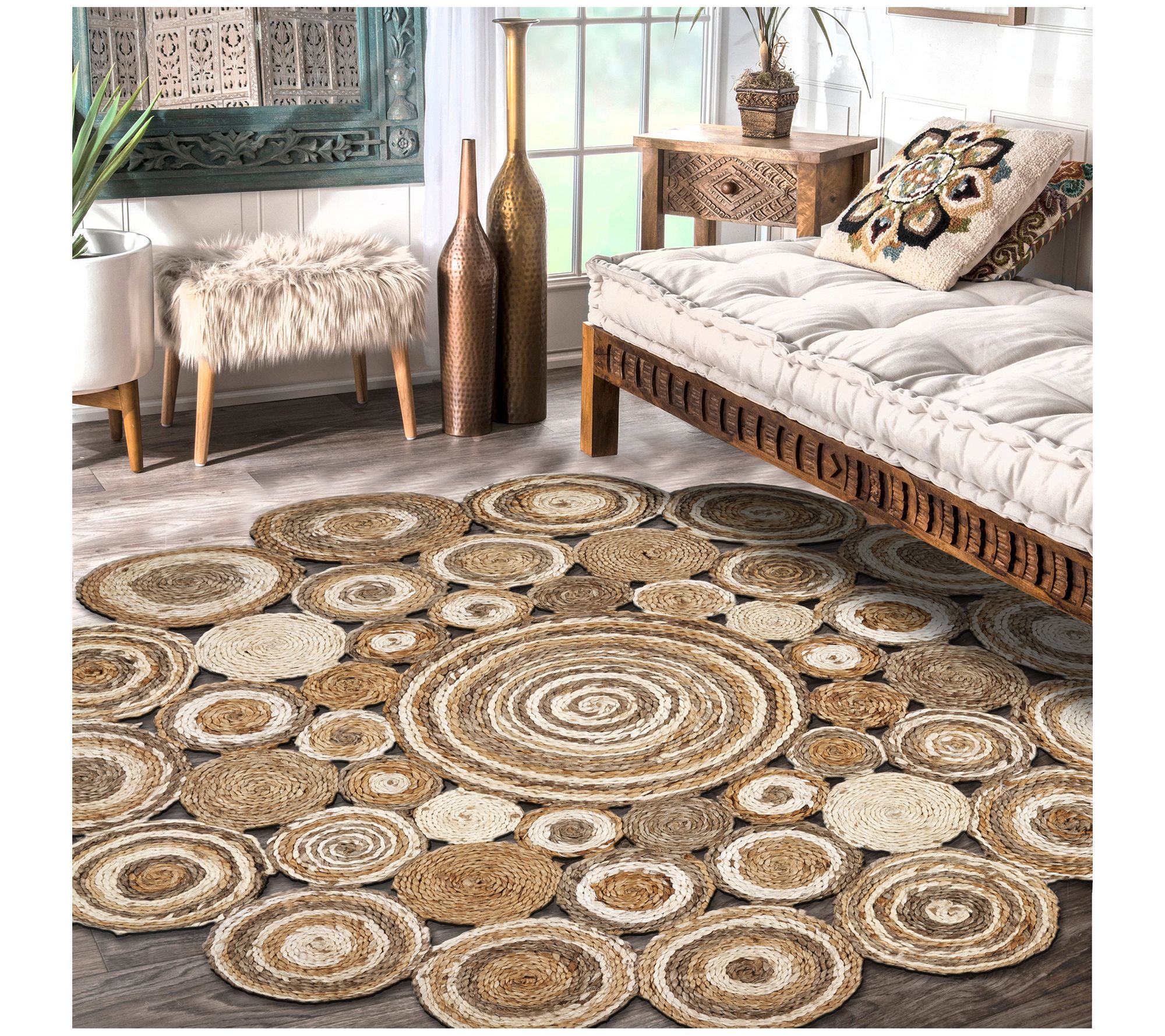 Ox Bay Dots Bohemian Hand-Braided Jute Indoor Rug, 4' Round