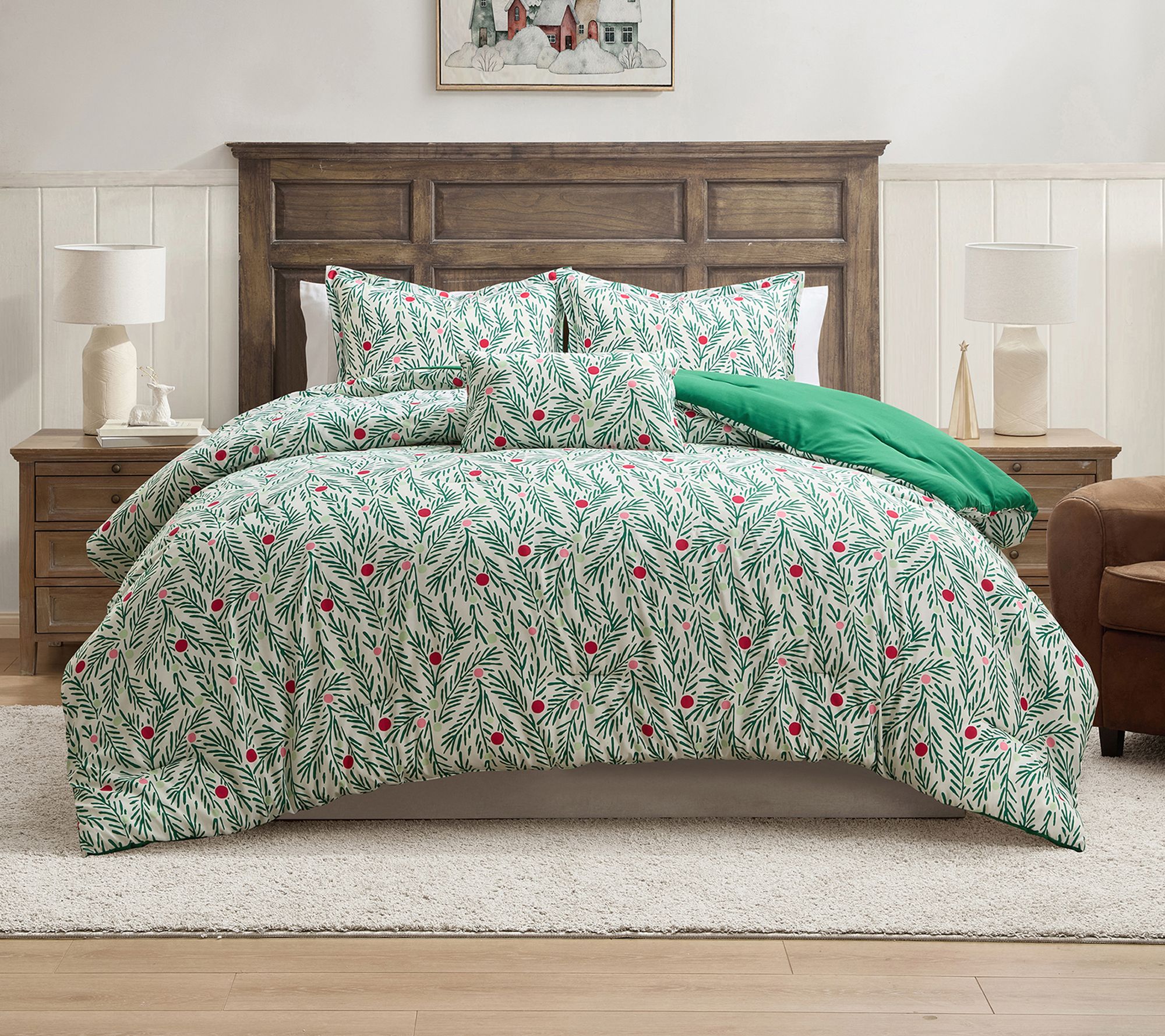 Hallmark Green Branches 4-Piece Holiday Comforter Set, Full/Qu