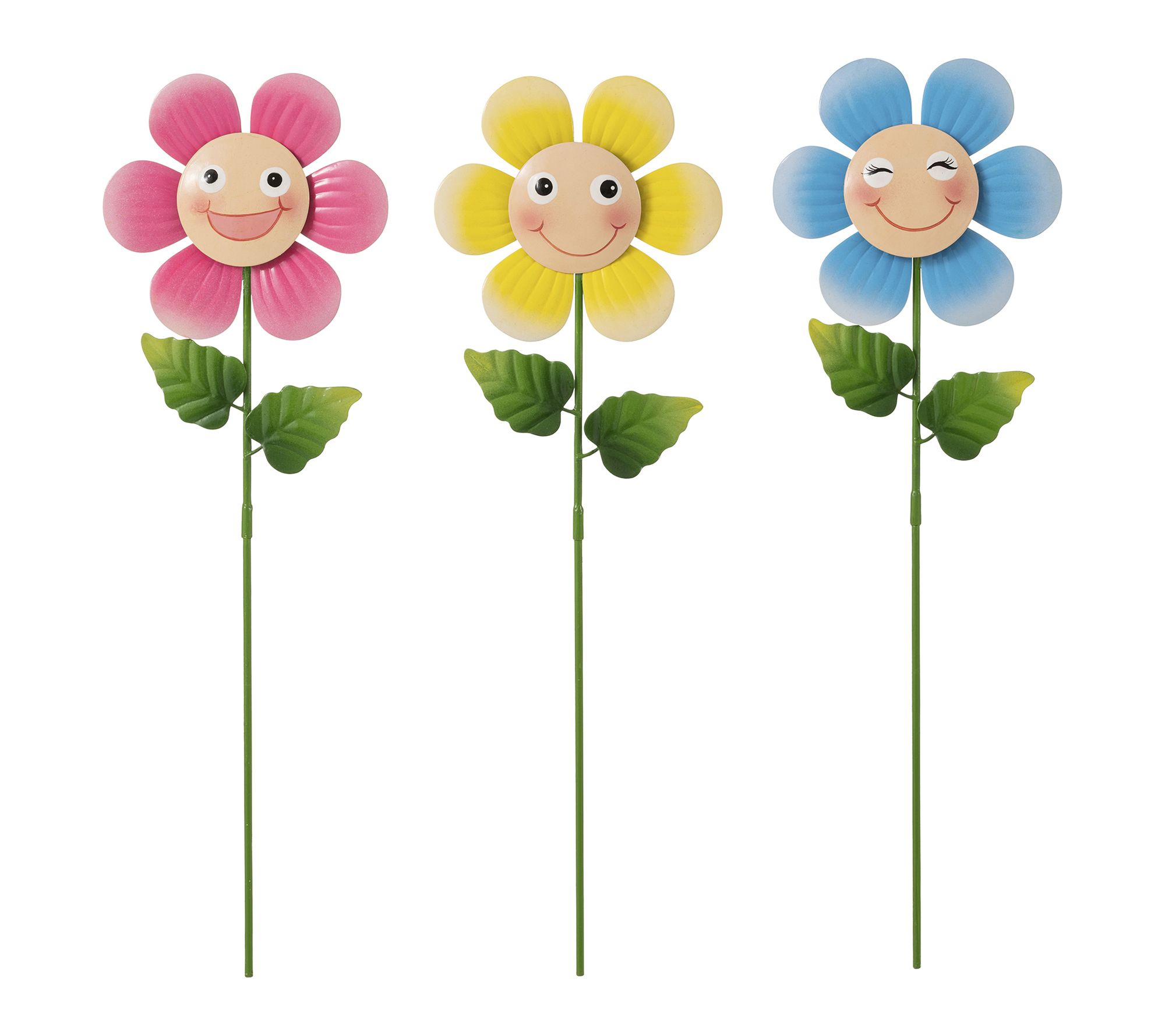 Glitzhome 18"H Set of 3 Metal Happy Face FlowerPick