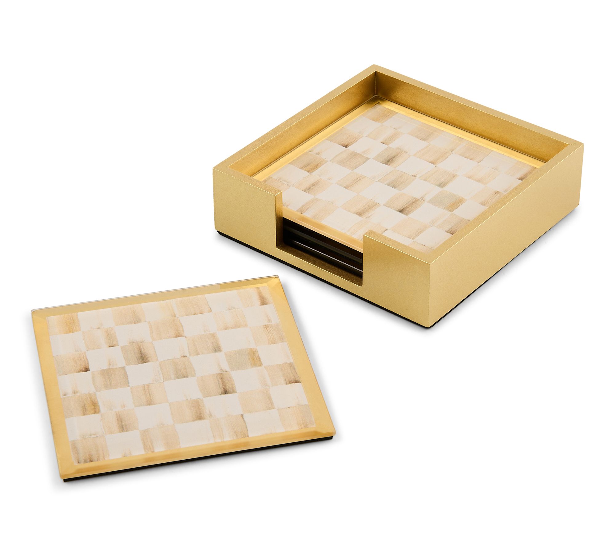 MacKenzie -Childs Mocha Check Glass Coasters, Set of 4