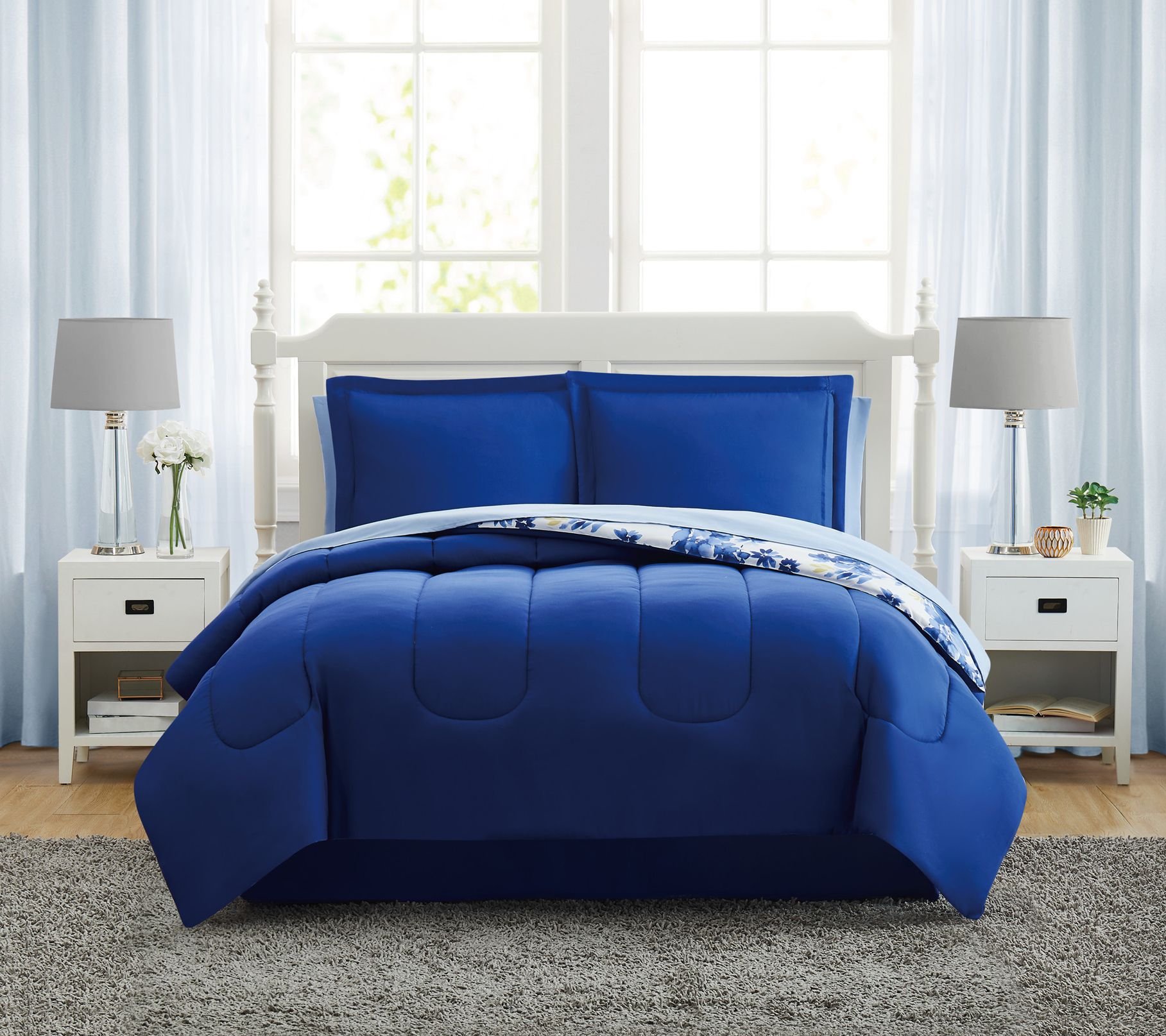 Style 212 Blue Watercolor Floral California King Bed in a Bag