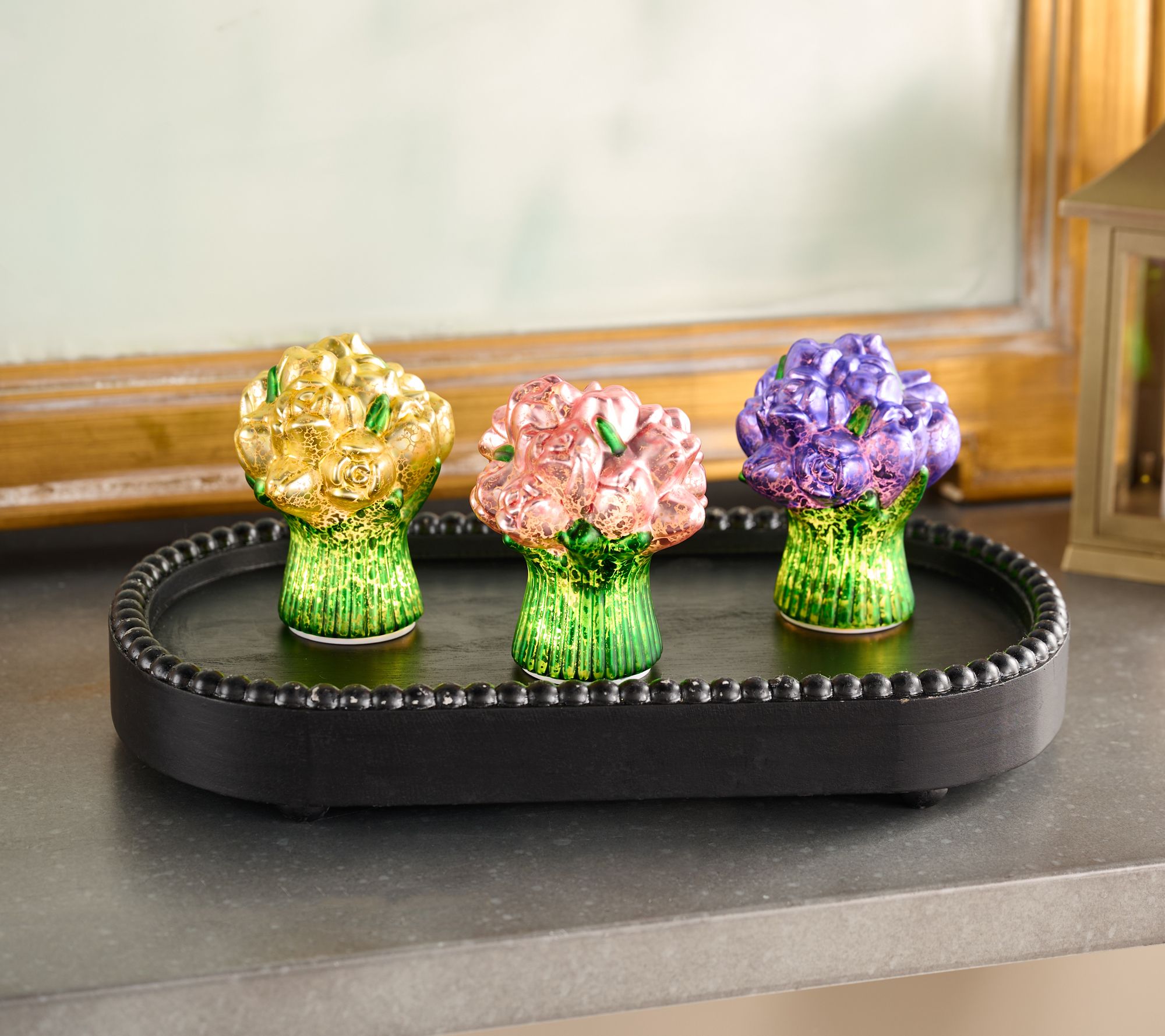 Set of 3 Illuminated Mercury Glass Tulip Bundles by Valerie