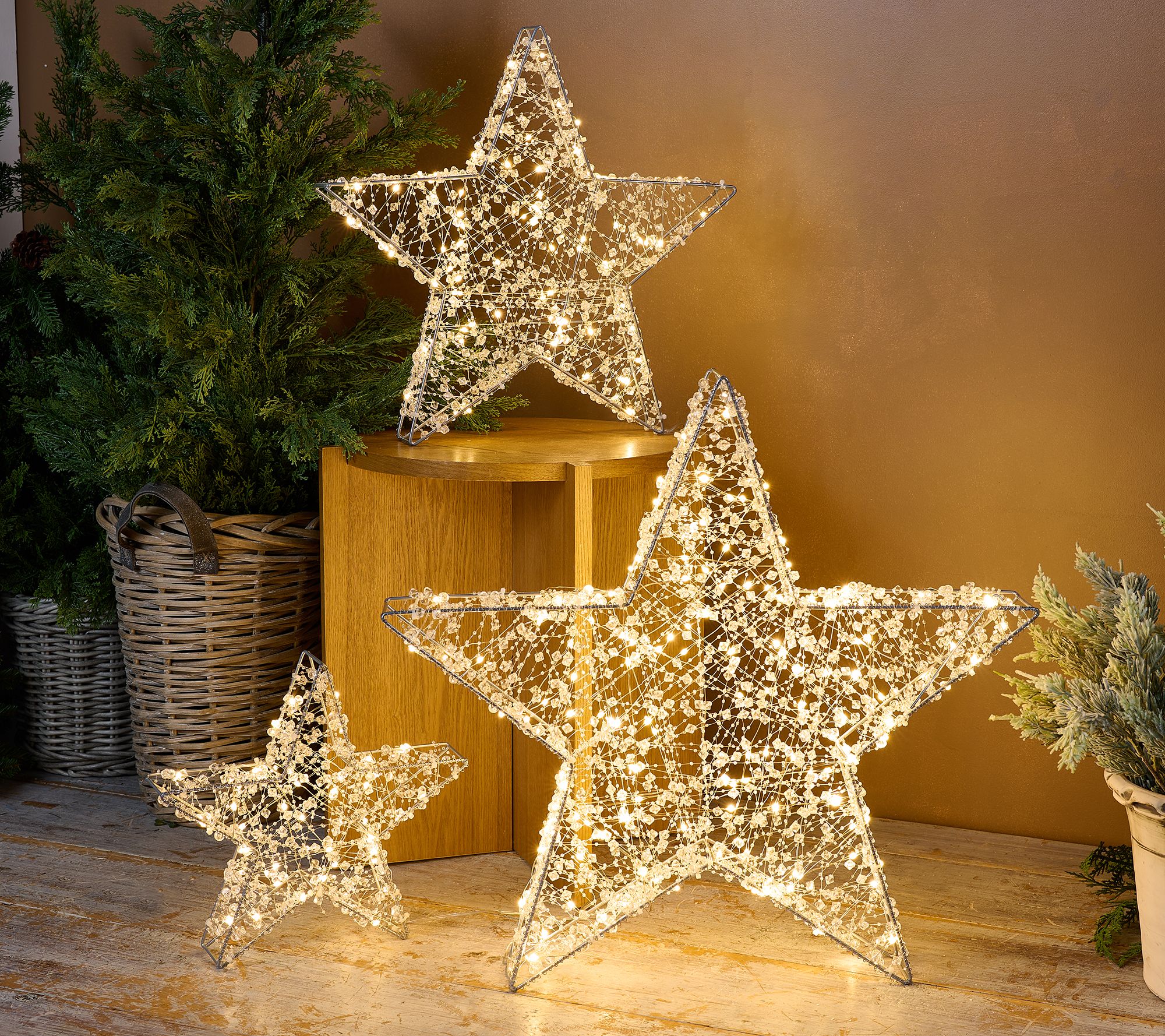 Sister Road by JG Set of 3 Metal Stars with LED Lights & Beads - QVC.com