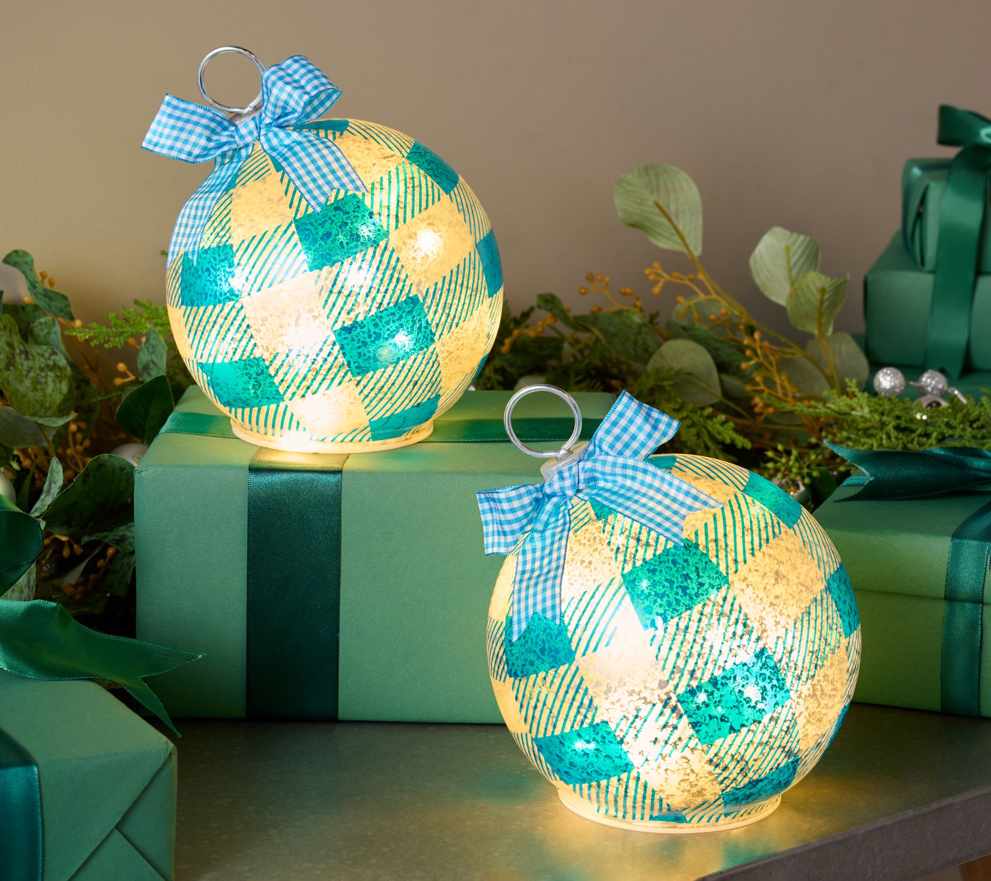Set of 2 Illuminated Plaid Tabletop Ornaments by Valerie