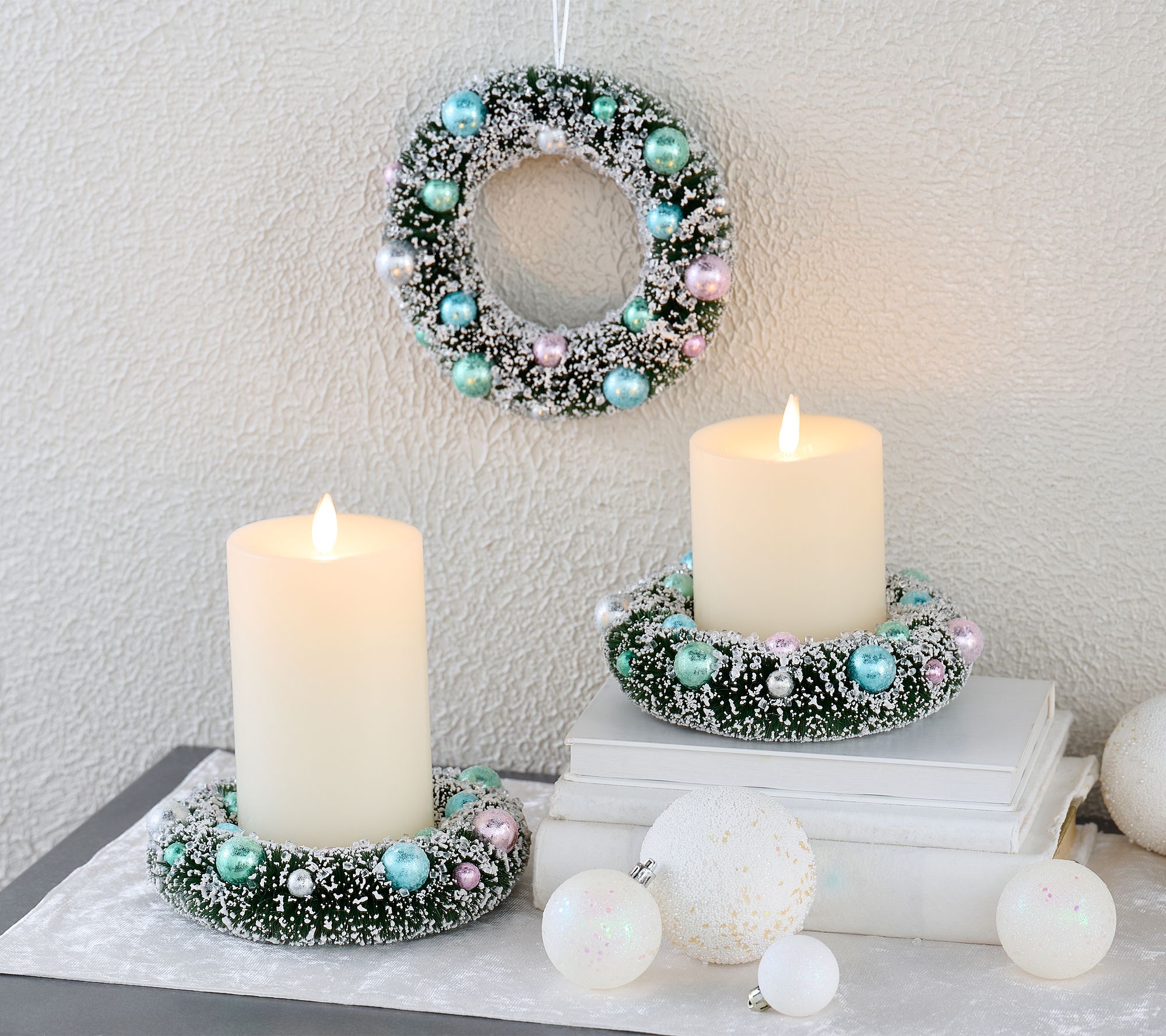 Set of 3 Bottlebrush Candle Rings with Ornaments by Valerie