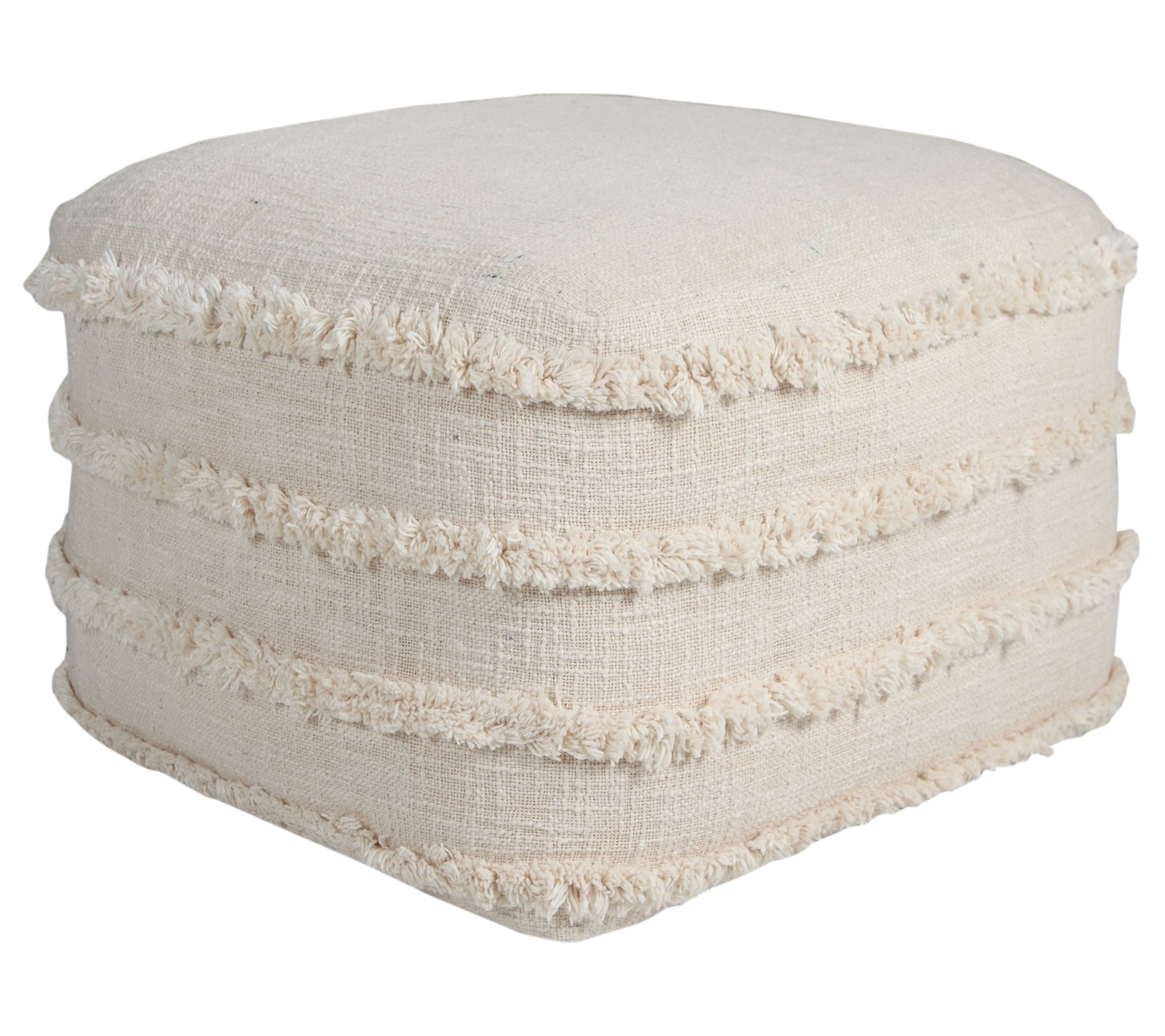 Ox Bay Striped Hand-Woven Cotton Fringe Pouf Ottoman