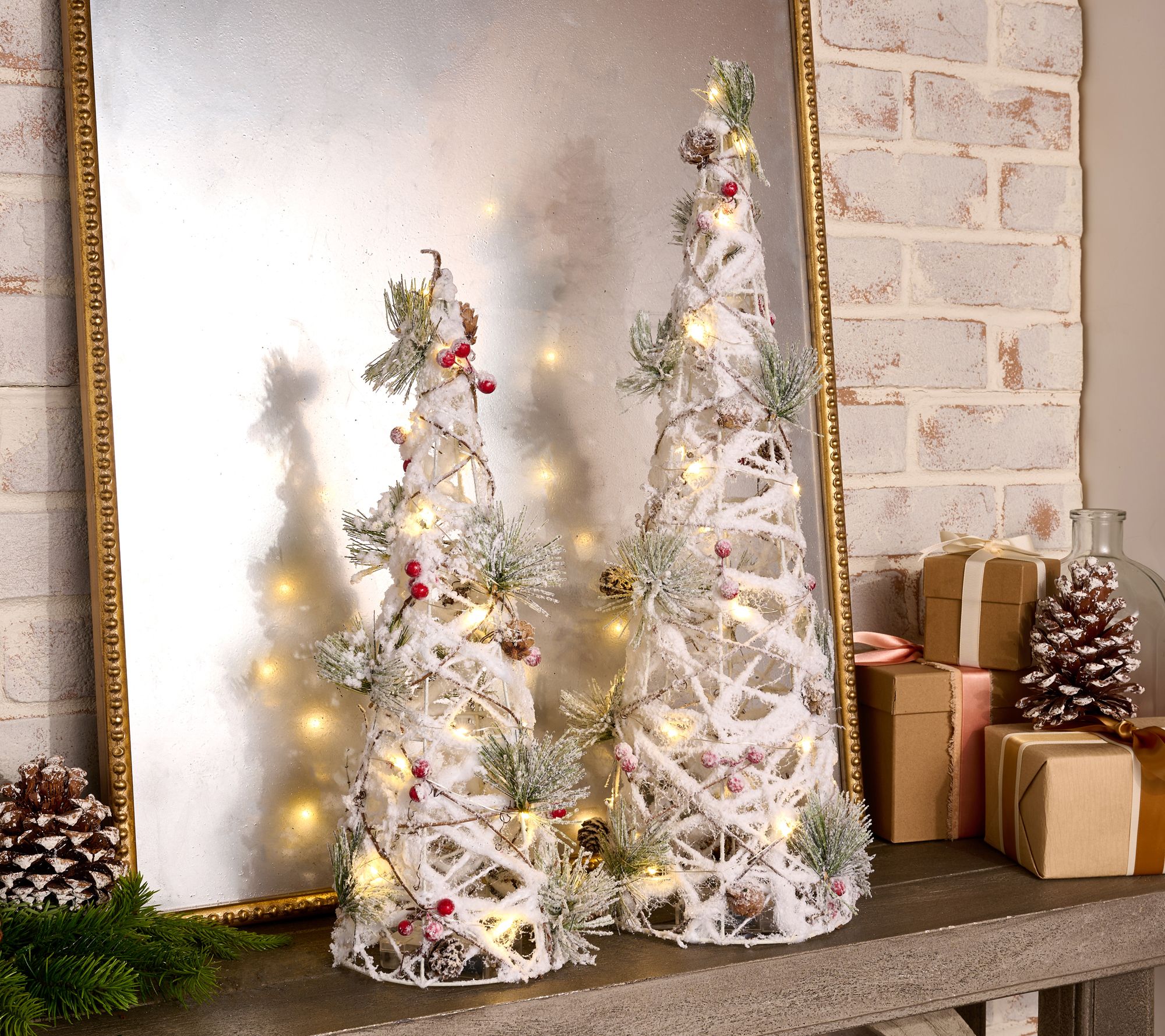 Set of 2 Illuminated Snowy Trees with Berries by Valerie