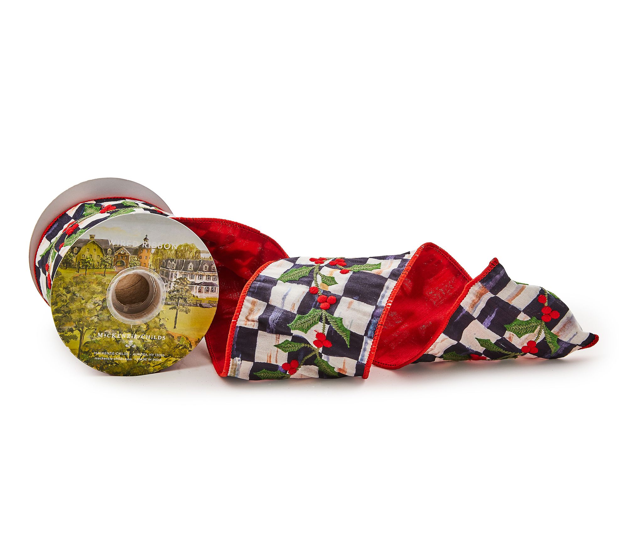 MacKenzie-Childs Cozy Christmas Holly Embroidered 4" Ribbon