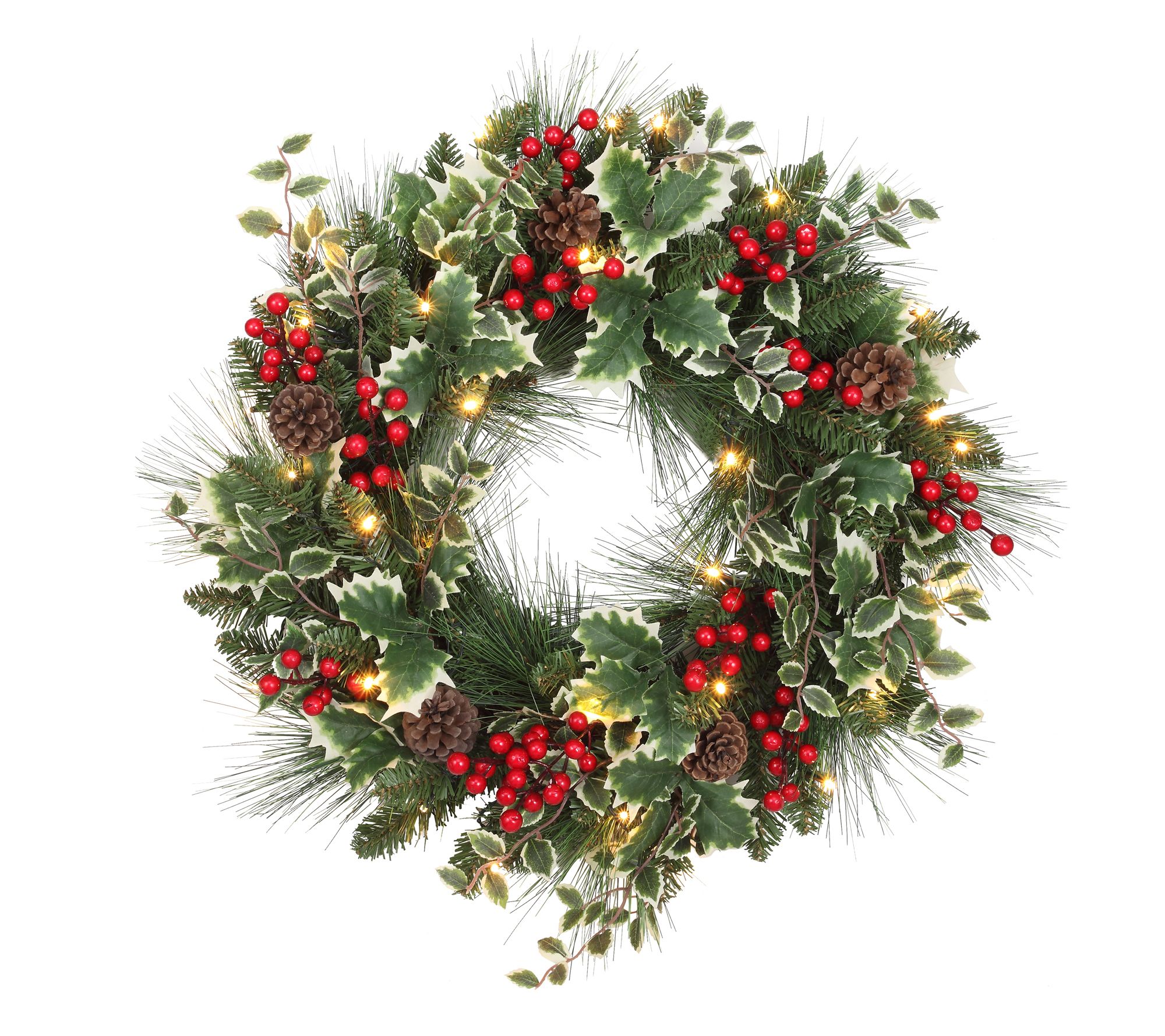 Haut Decor 24" Prelit Christmas Holly Pine Wreath