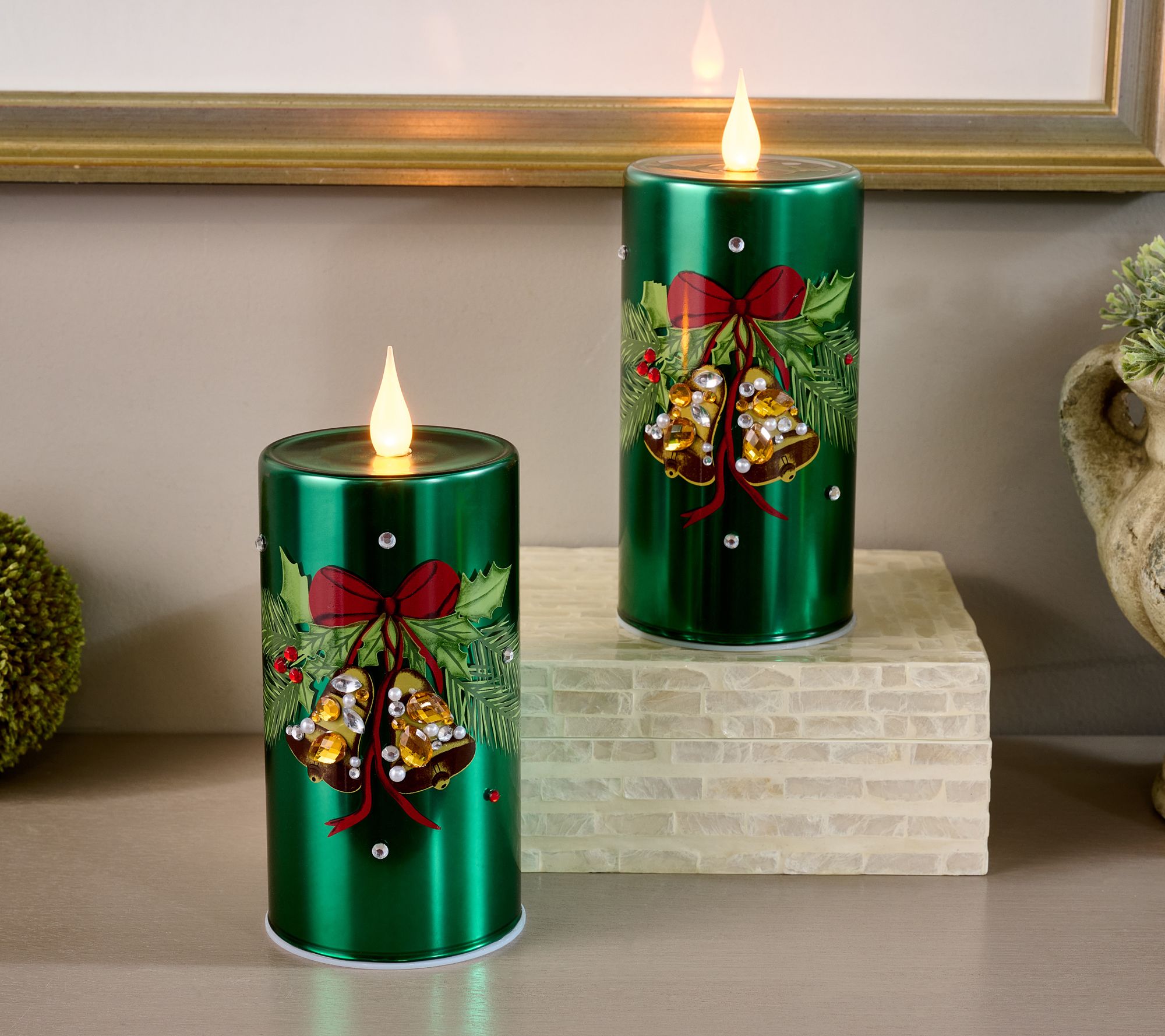Set of (2) 7" Flickering Embellished Glass Candles by Valerie