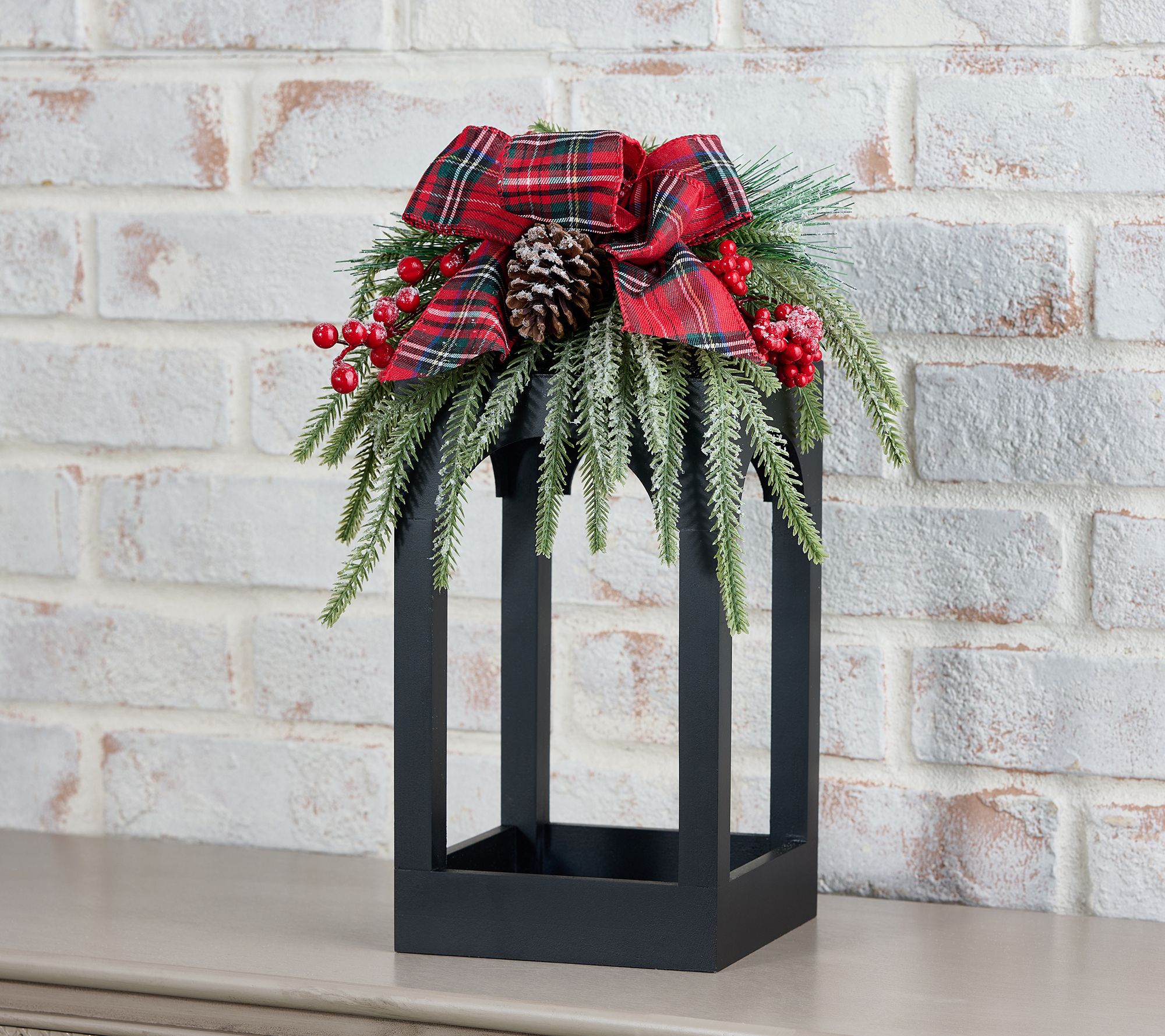 16" Wood Open Concept Lantern with Ribbon Embellishment by Valerie