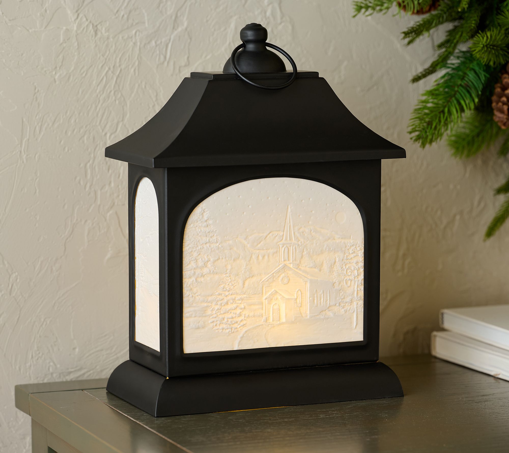 Illuminated Metal Lantern with Porcelain Scene by Valerie