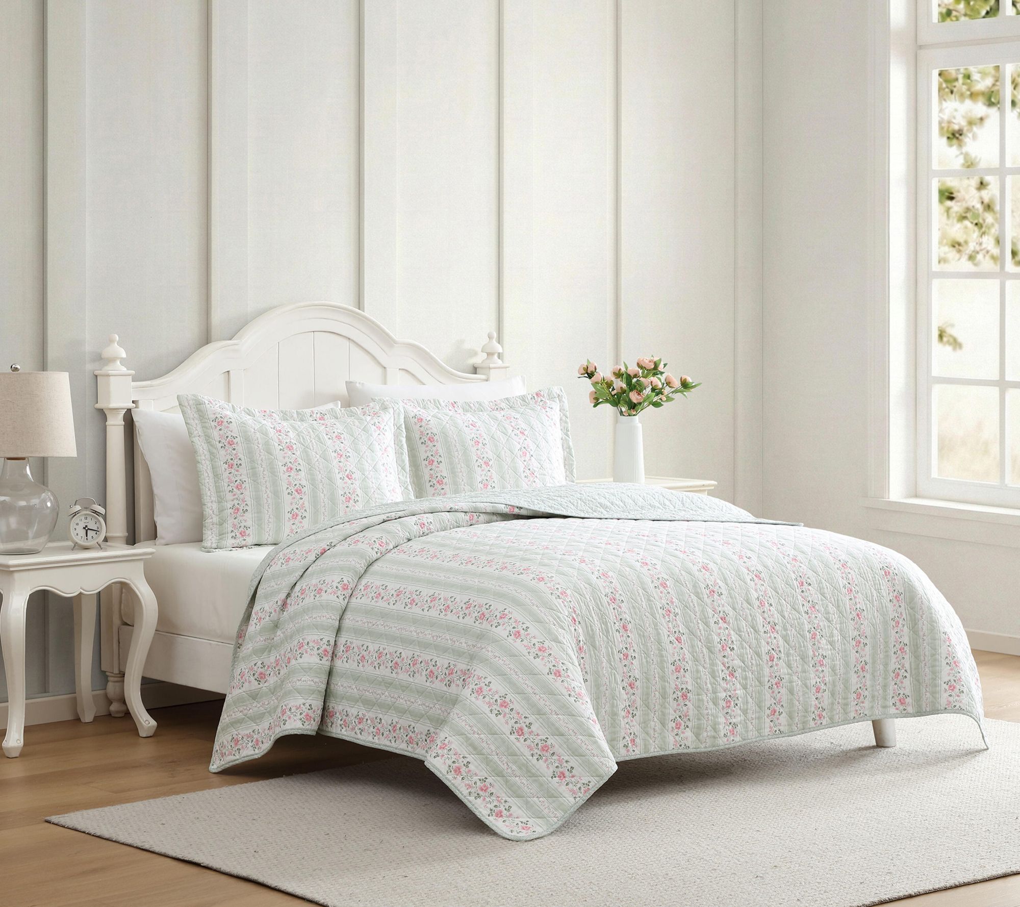 Laura Ashley Rosebud Stripe Sage Green Cotton King Quilt Set