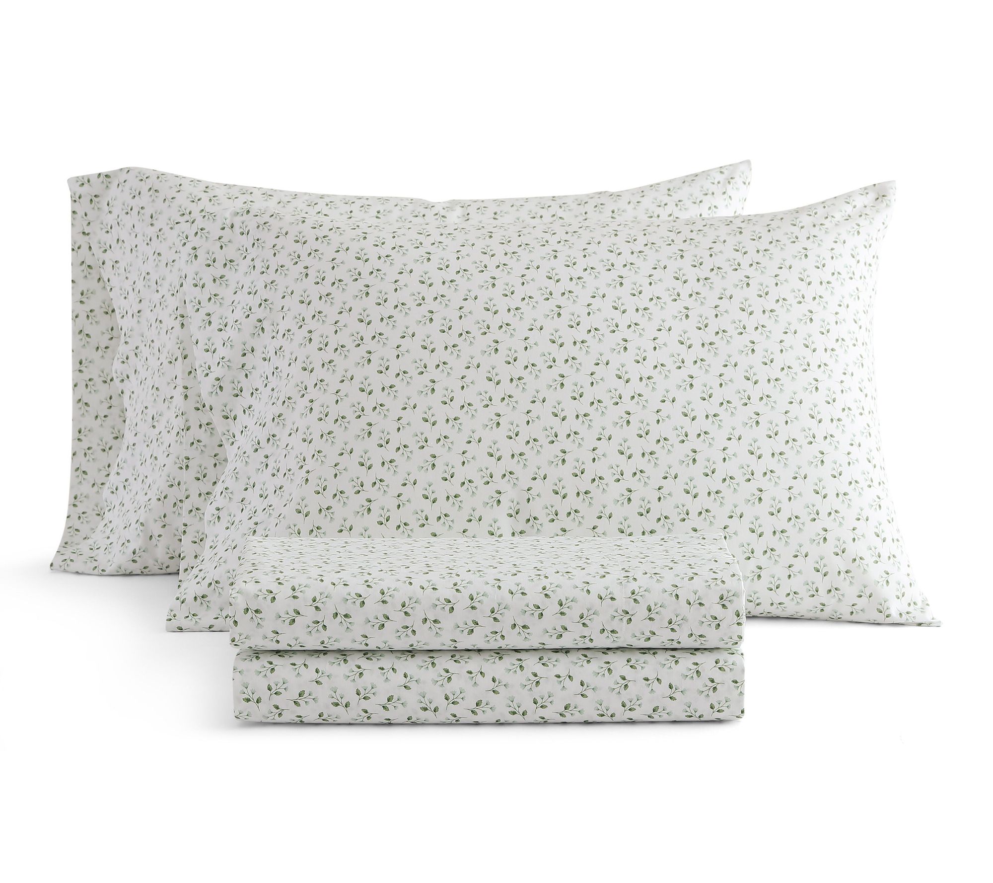 Martha Stewart Kennedy Floral White/Green Cotton Full Sheet Se