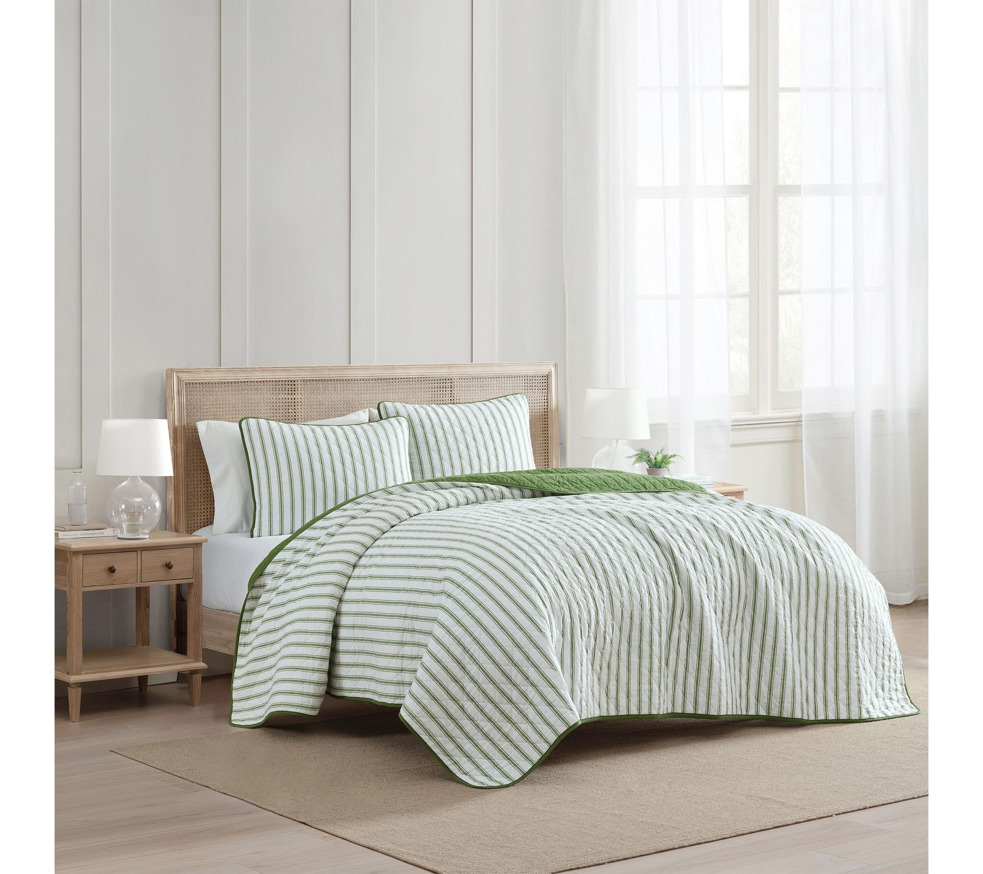 Martha Stewart Ticking Stripe White/Green TwinQuilt Set