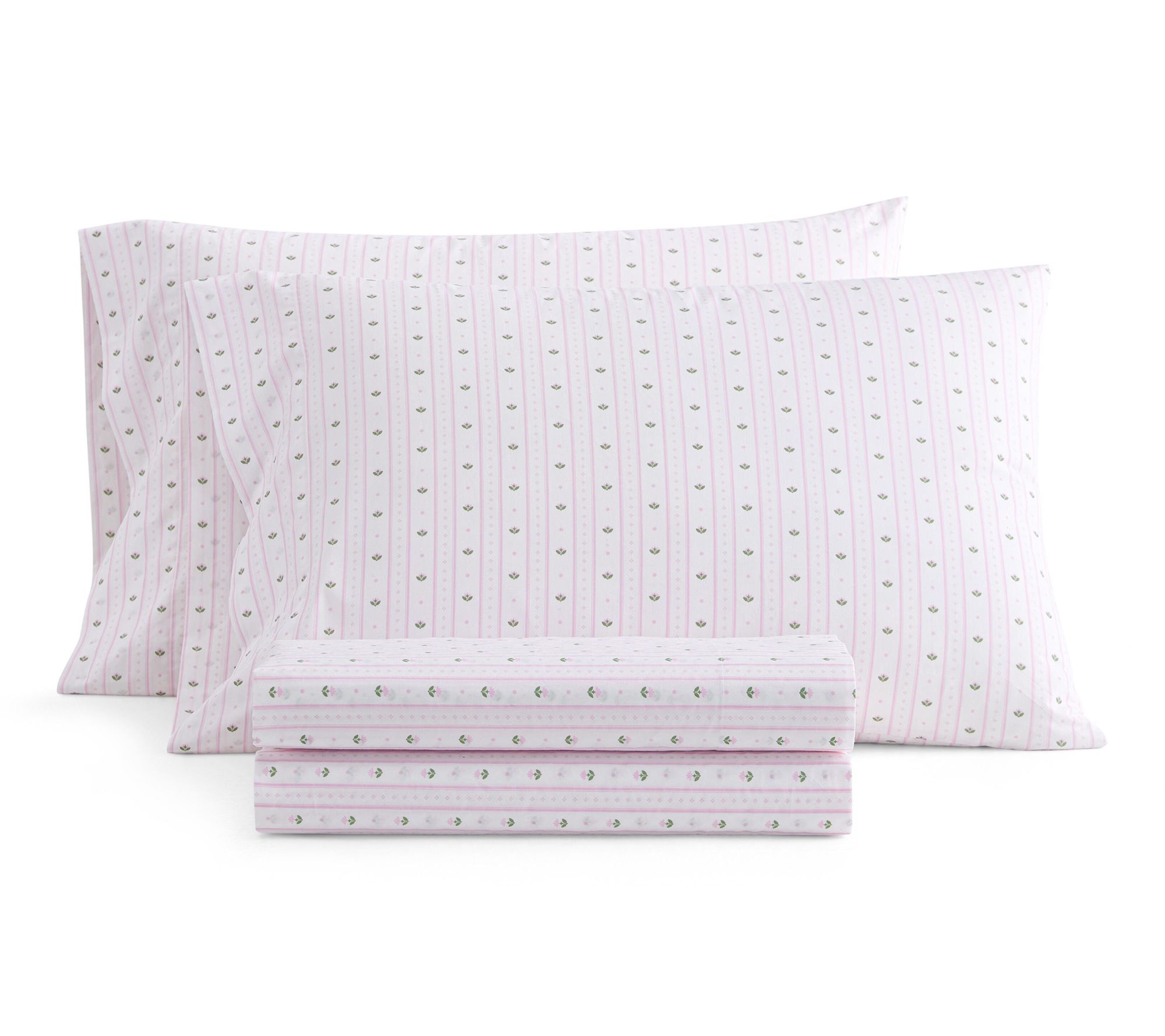 Martha Stewart Floral Stripe White/Pink CottonQueen Sheet Set