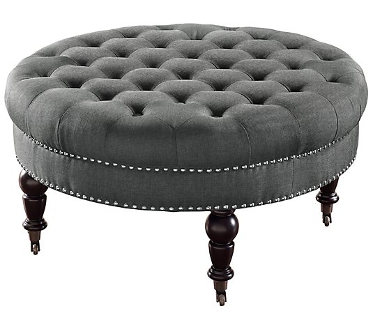 Linon Home Eva Round Tufted Upholstered Traditional Ottoman