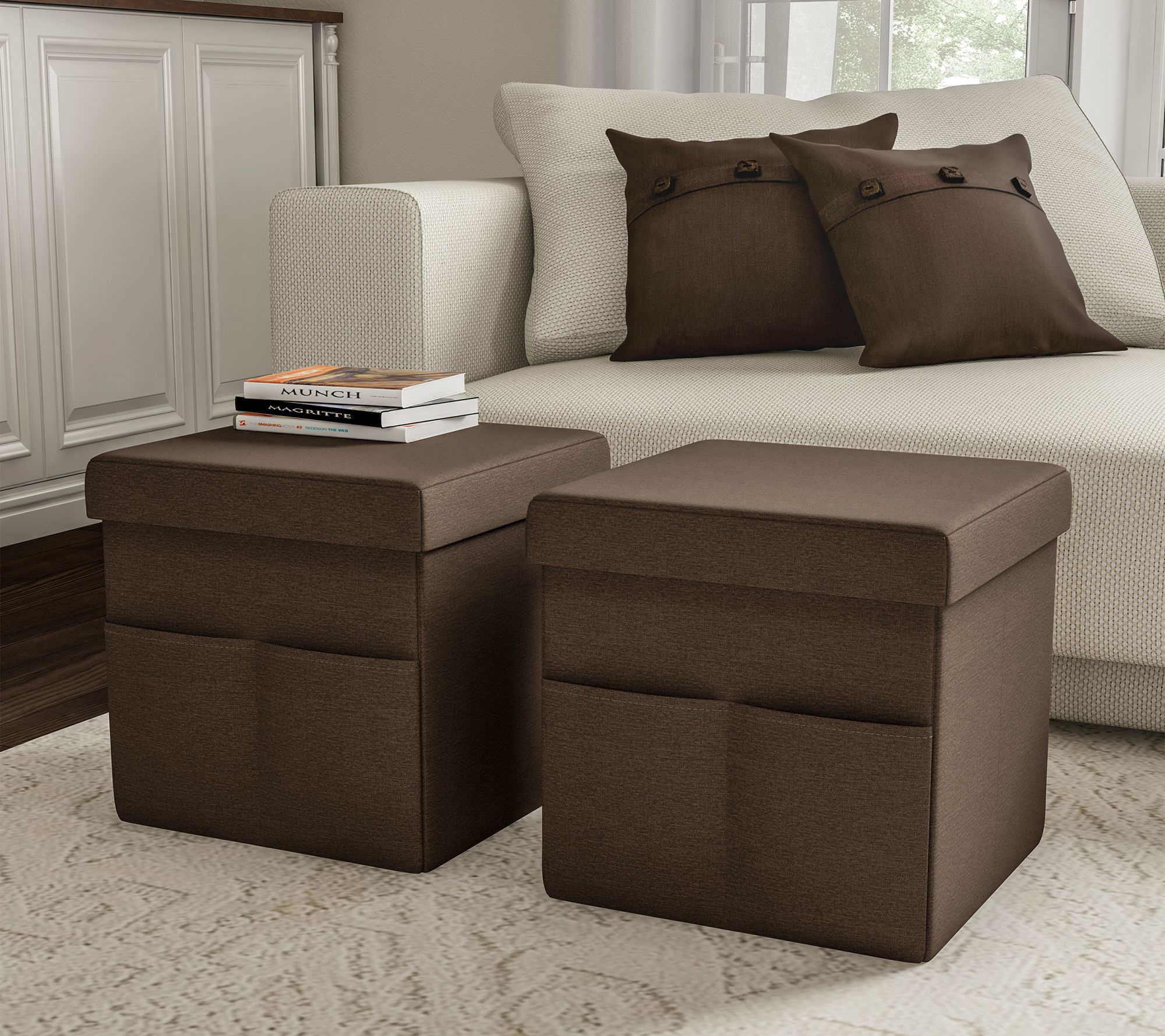 Lavish Home 2-Piece Set Ottomans w/Pockets Storage Organizers