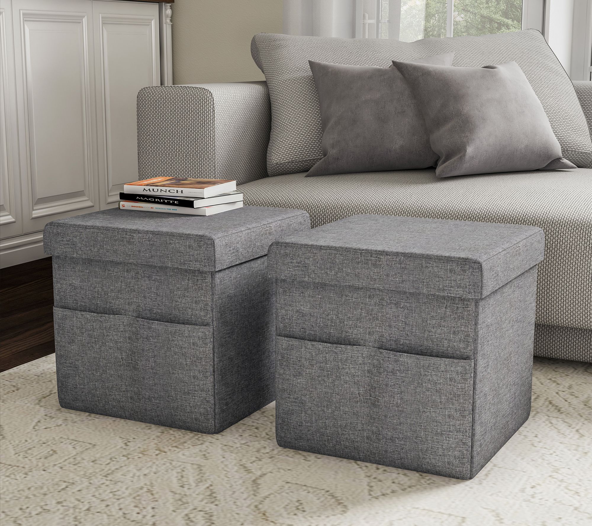 Lavish Home 2-Piece Set Ottomans w/Pockets Storage Organizers