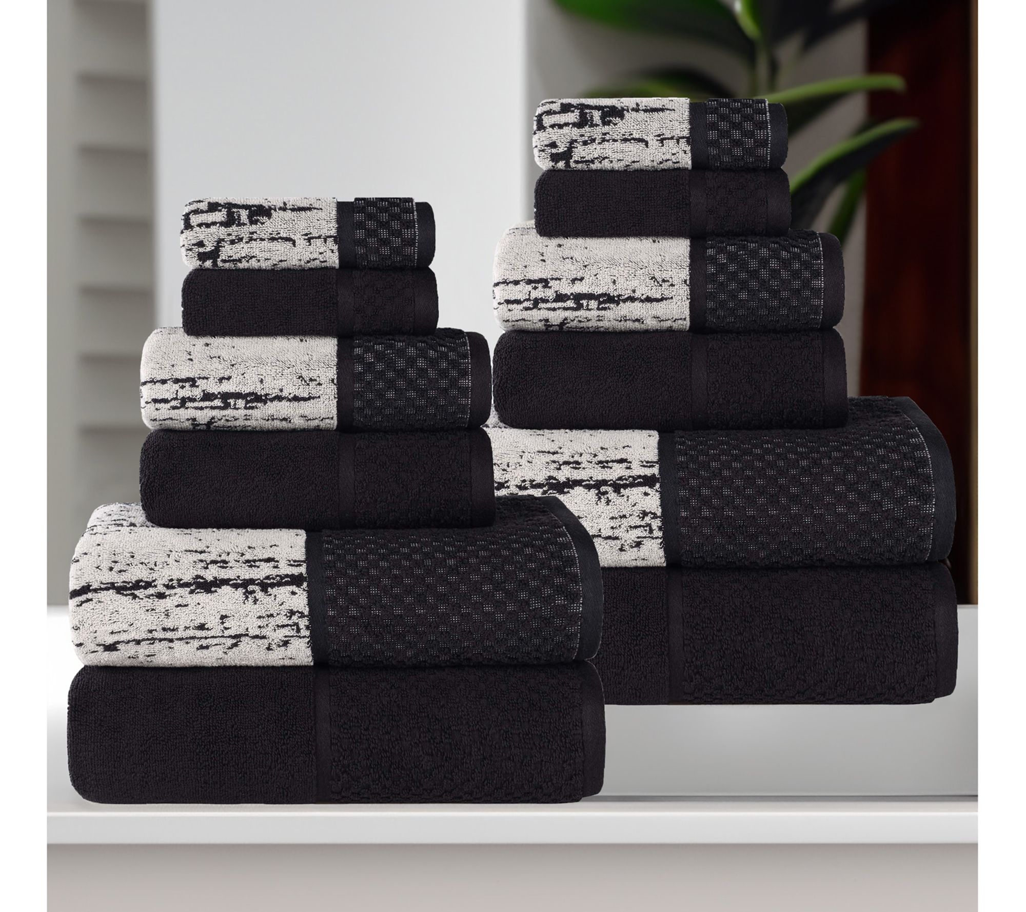 Superior Cotton Soft Absorbent Two Toned 12 P iece Towel Set