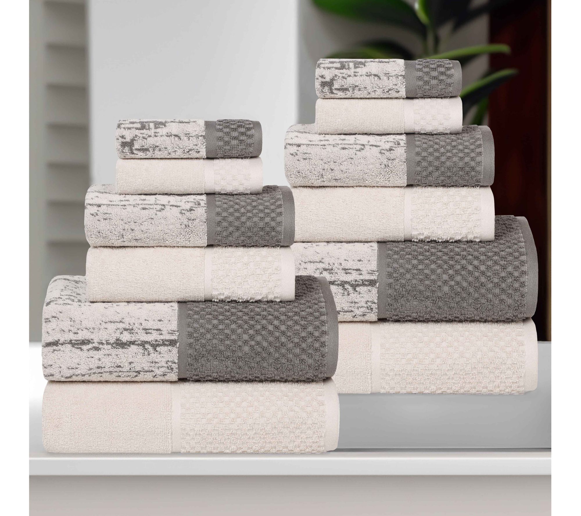 Superior Cotton Soft Absorbent Two Toned 12 P iece Towel Set