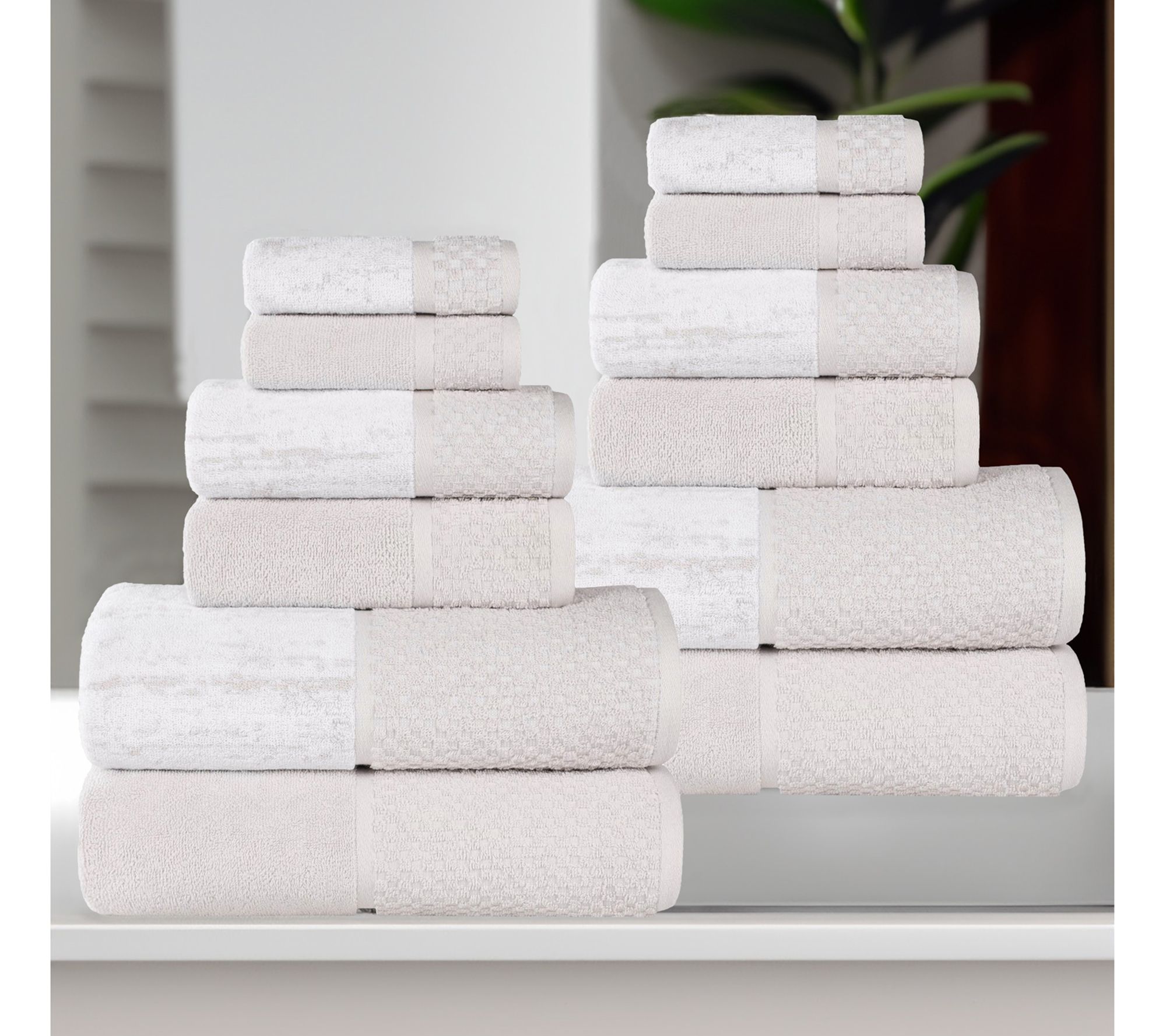 Superior Cotton Soft Absorbent Two Toned 12 P iece Towel Set