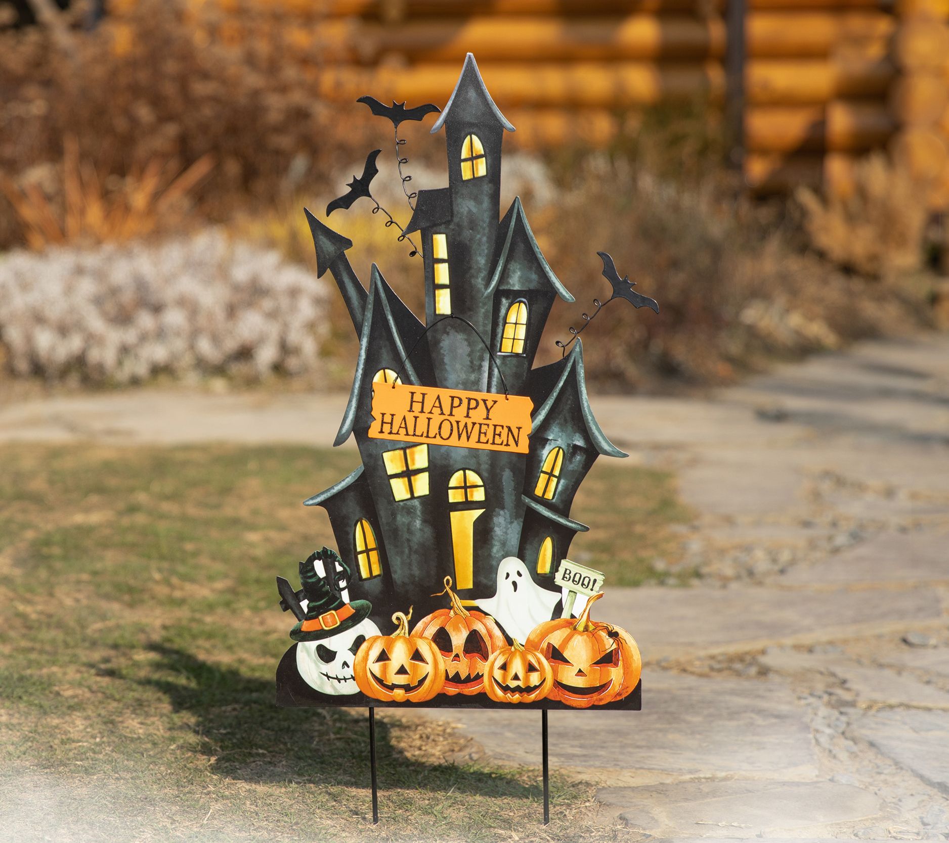 Glitzhome 32"H Halloween Metal Haunted House Garden Stake