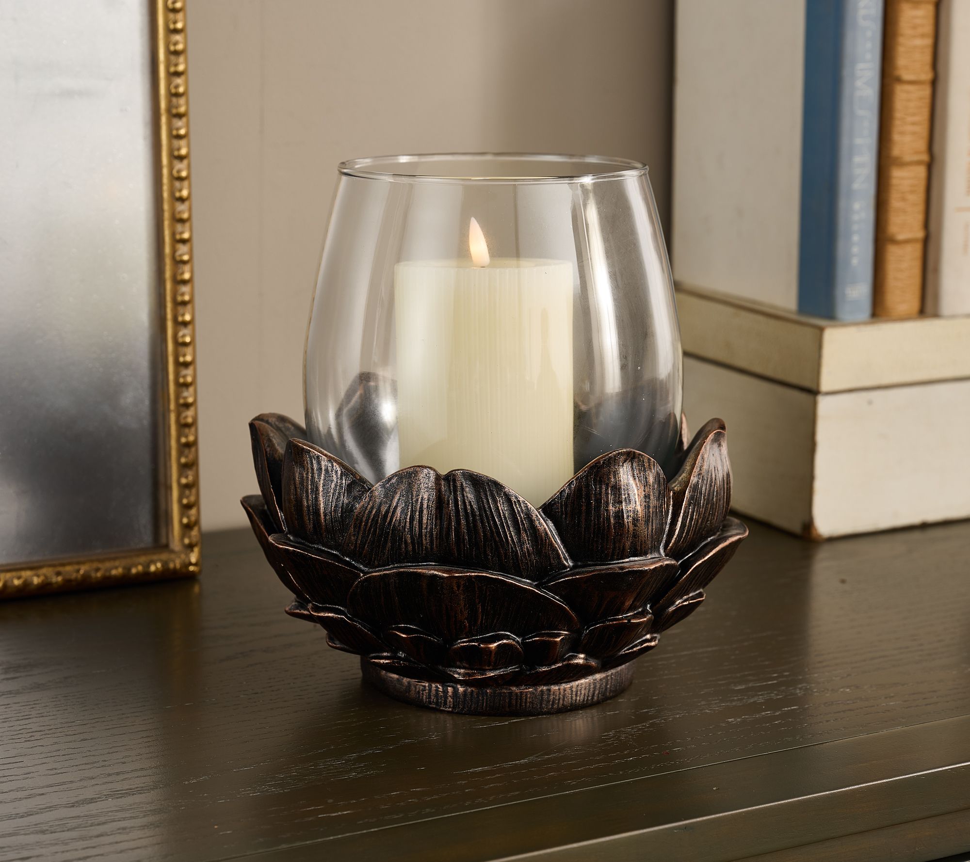 10" Magnolia Leaf Glass Hurricane w/Ribbed Candle by Kim Gravel