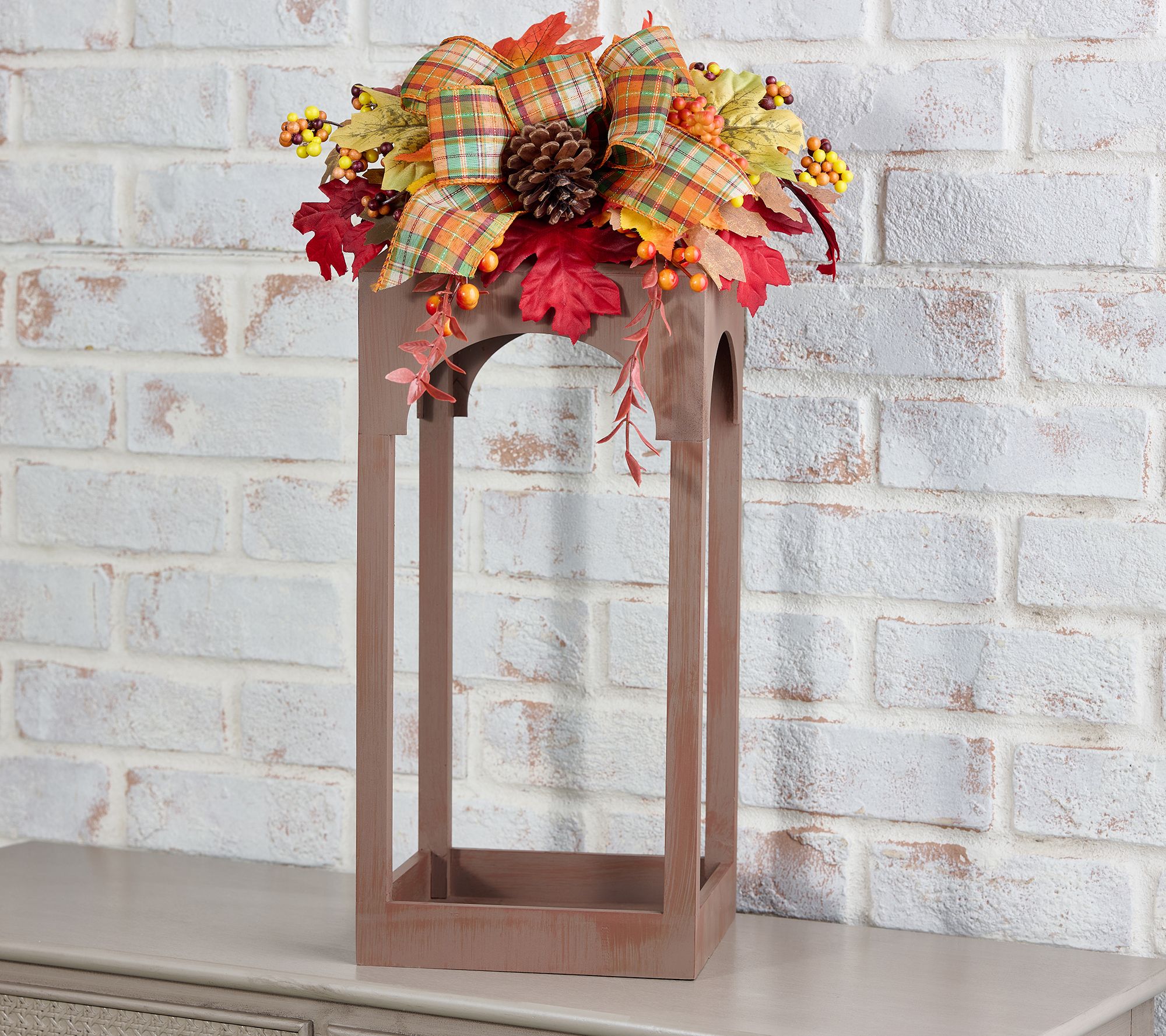 23" Wood Open Concept Lantern with Ribbon Embellishment by Valerie