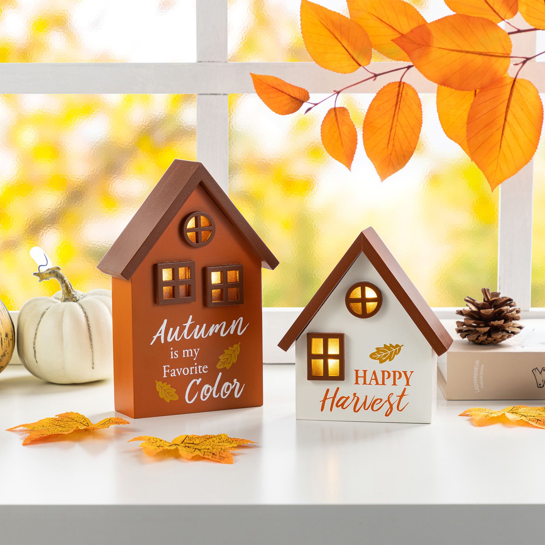 Glitzhome Lighted Fall Harvest Wooden House Table Decor S/2