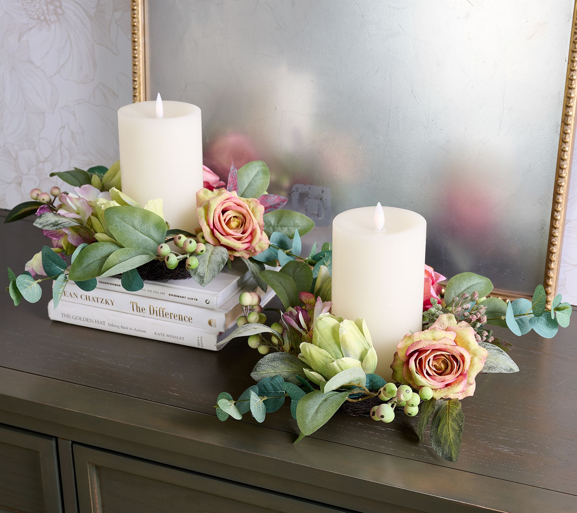 "As Is" 2 Piece Watercolor Rose Hydrangea and Artichoke Candle Rings