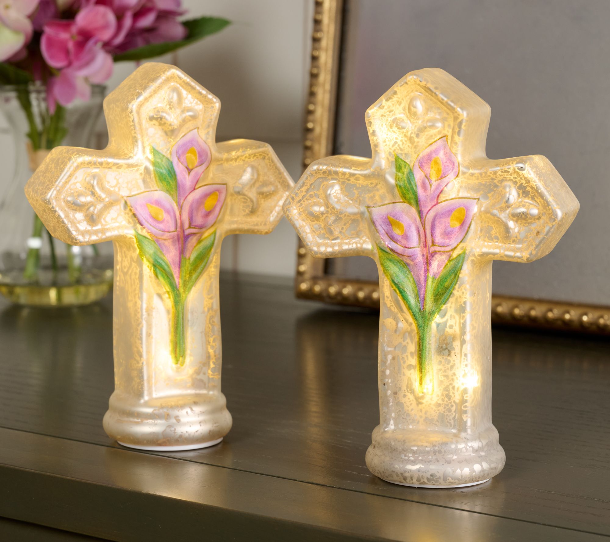 "As Is" Set of (2) 6" Illuminated Mercury Glass Crosses