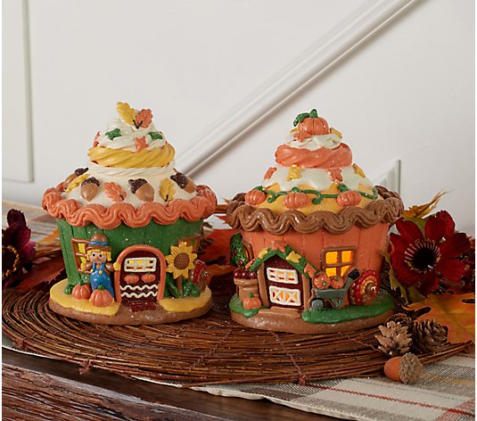 Set of 2 Illuminated Harvest Cupcake Houses by Valerie