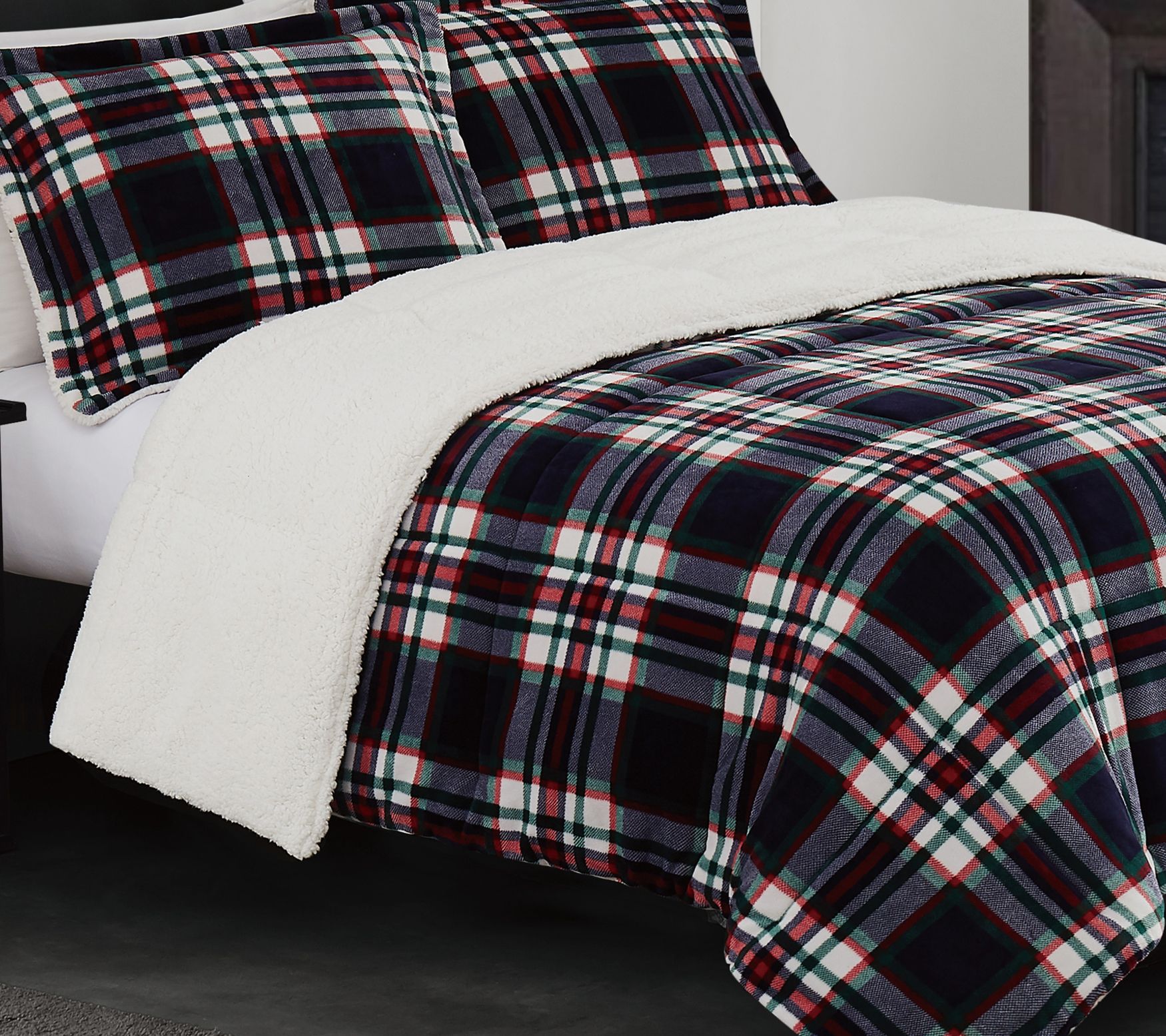 London Fog Faux Fur Plaid Full/Queen 3 Piece Comforter Set