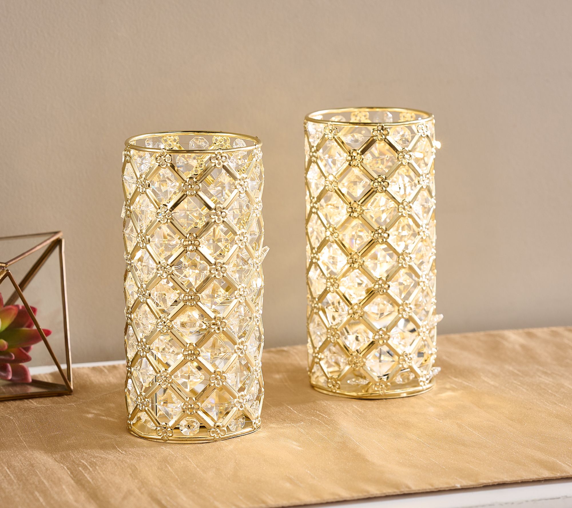 "As Is" Set of 2 Illuminated Faceted Glass Hurricanes by Valerie